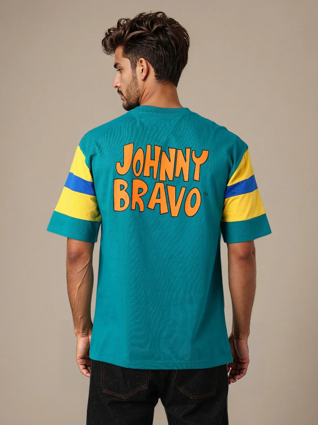 Men's Green Boxy Fit Character Johnny Bravo Printed Crew Neck T-Shirt - Image 3