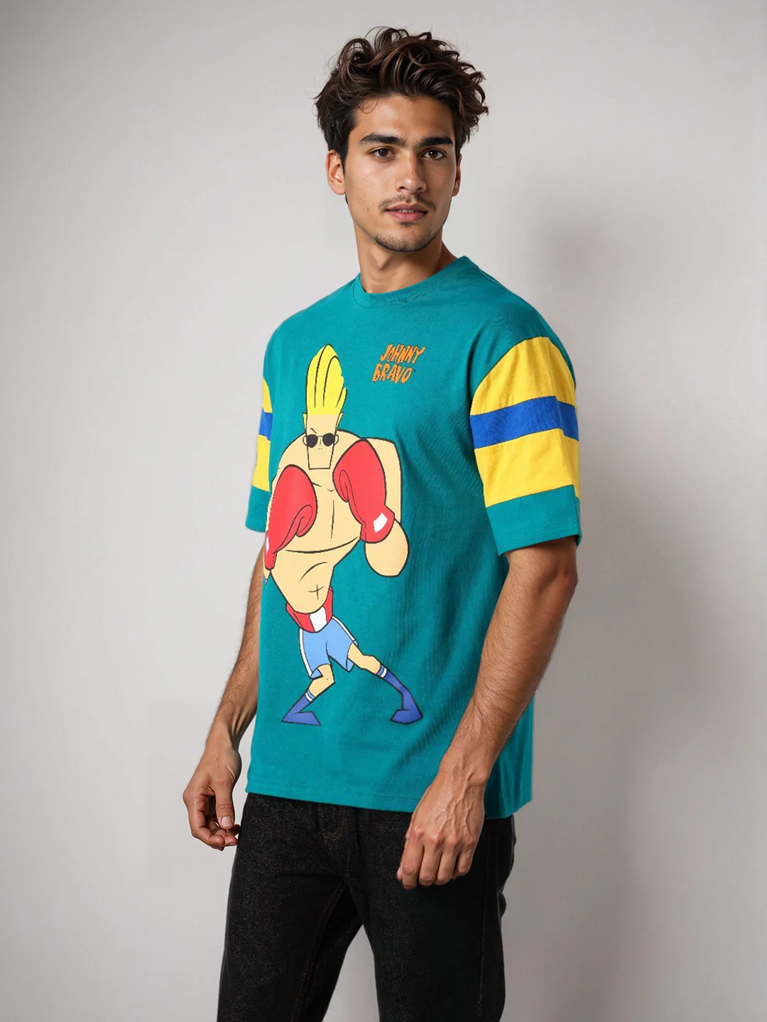 Men's Green Boxy Fit Character Johnny Bravo Printed Crew Neck T-Shirt - Image 4
