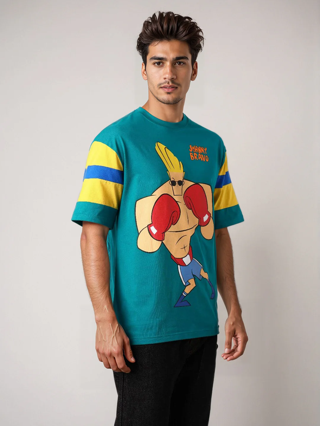 Men's Green Boxy Fit Character Johnny Bravo Printed Crew Neck T-Shirt - Image 5