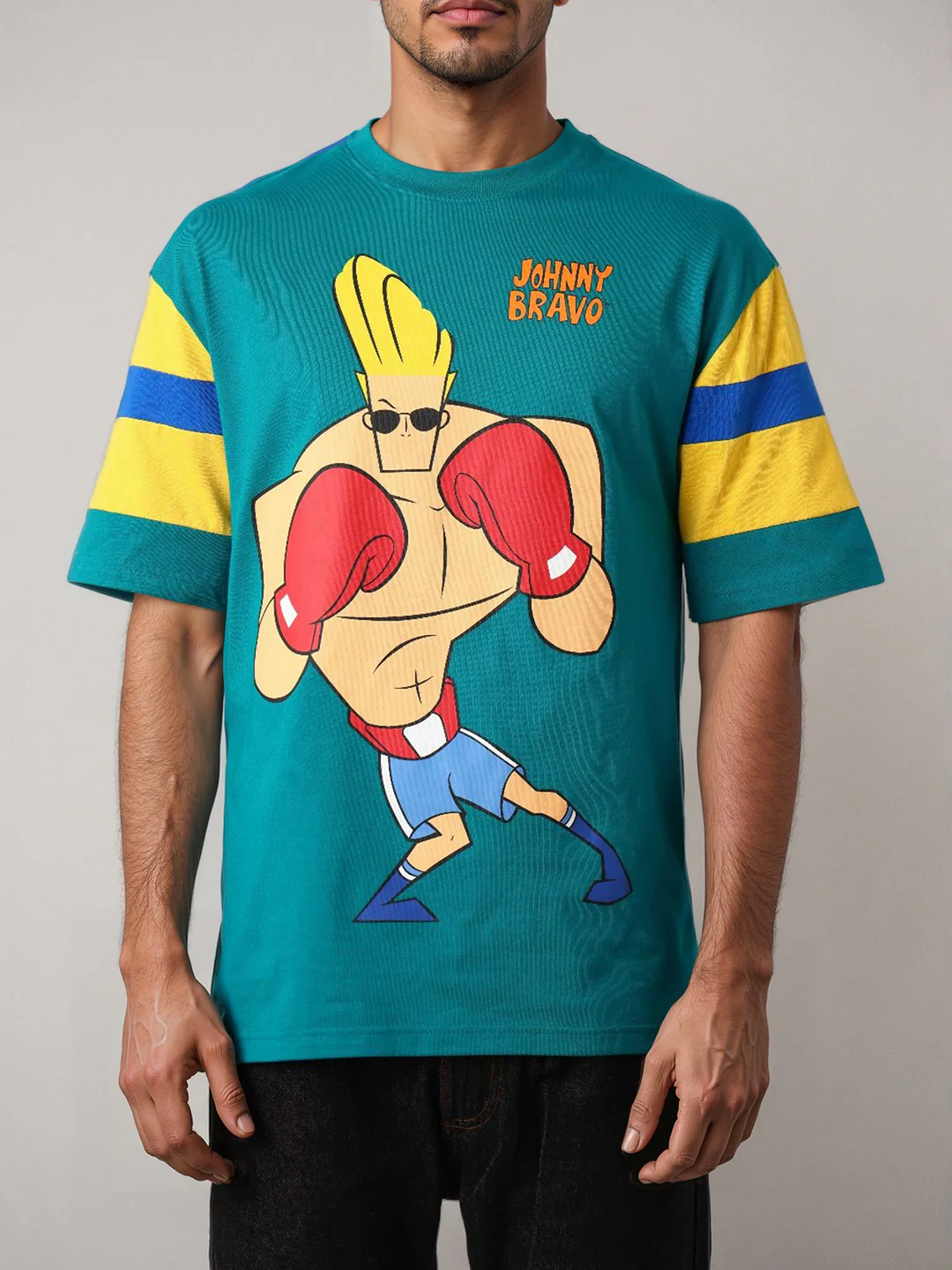 Men's Green Boxy Fit Character Johnny Bravo Printed Crew Neck T-Shirt - Image 7