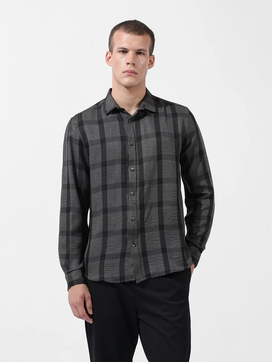 Men's Grey Regular Fit Checked Casual Shirt - Image 7