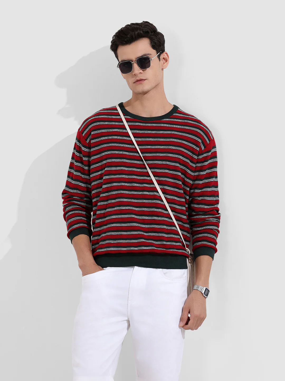 Men's Green Oversized Fit Striped Flat Knit T-Shirt - Image 2