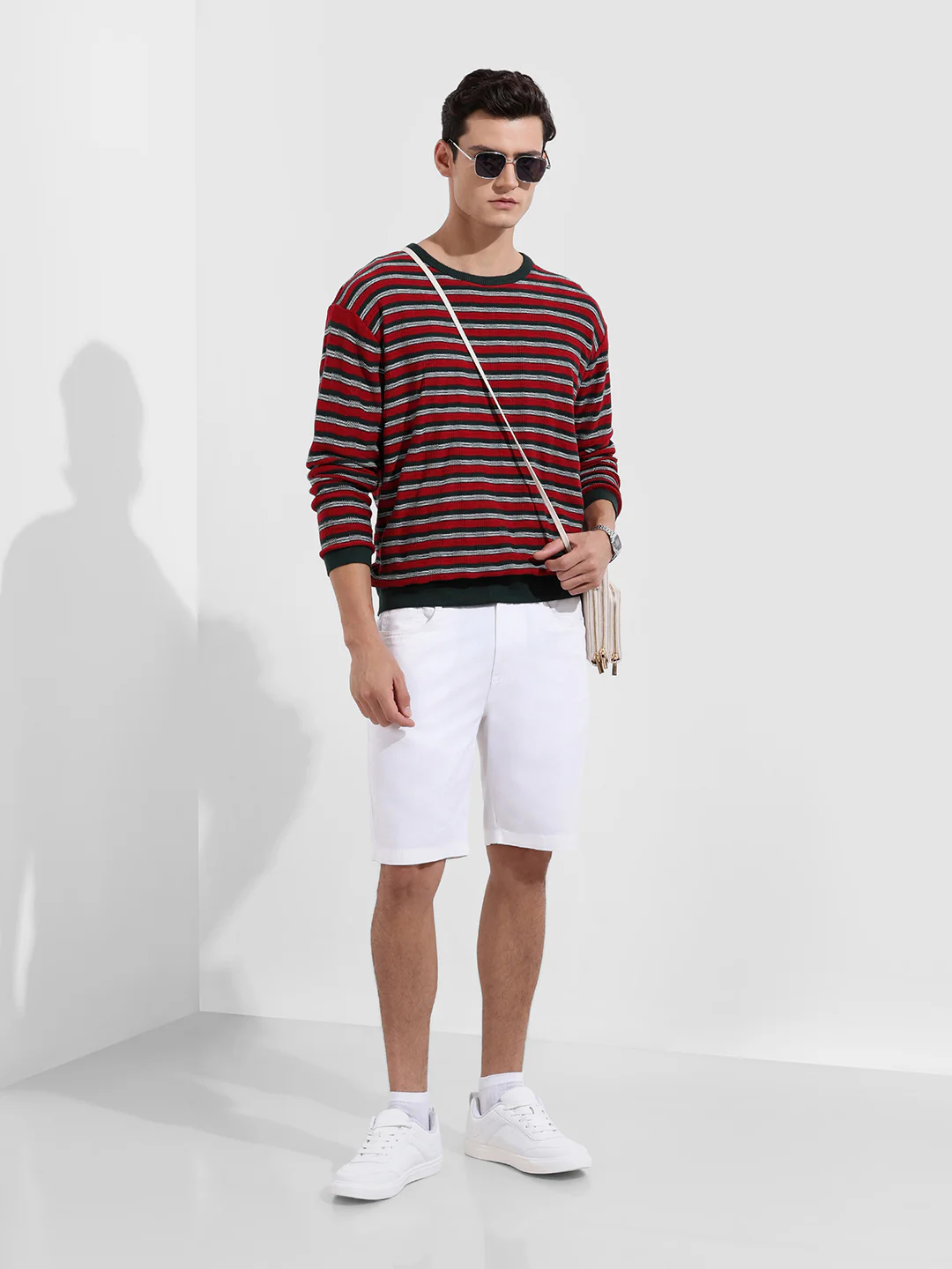 Men's Green Oversized Fit Striped Flat Knit T-Shirt - Image 3