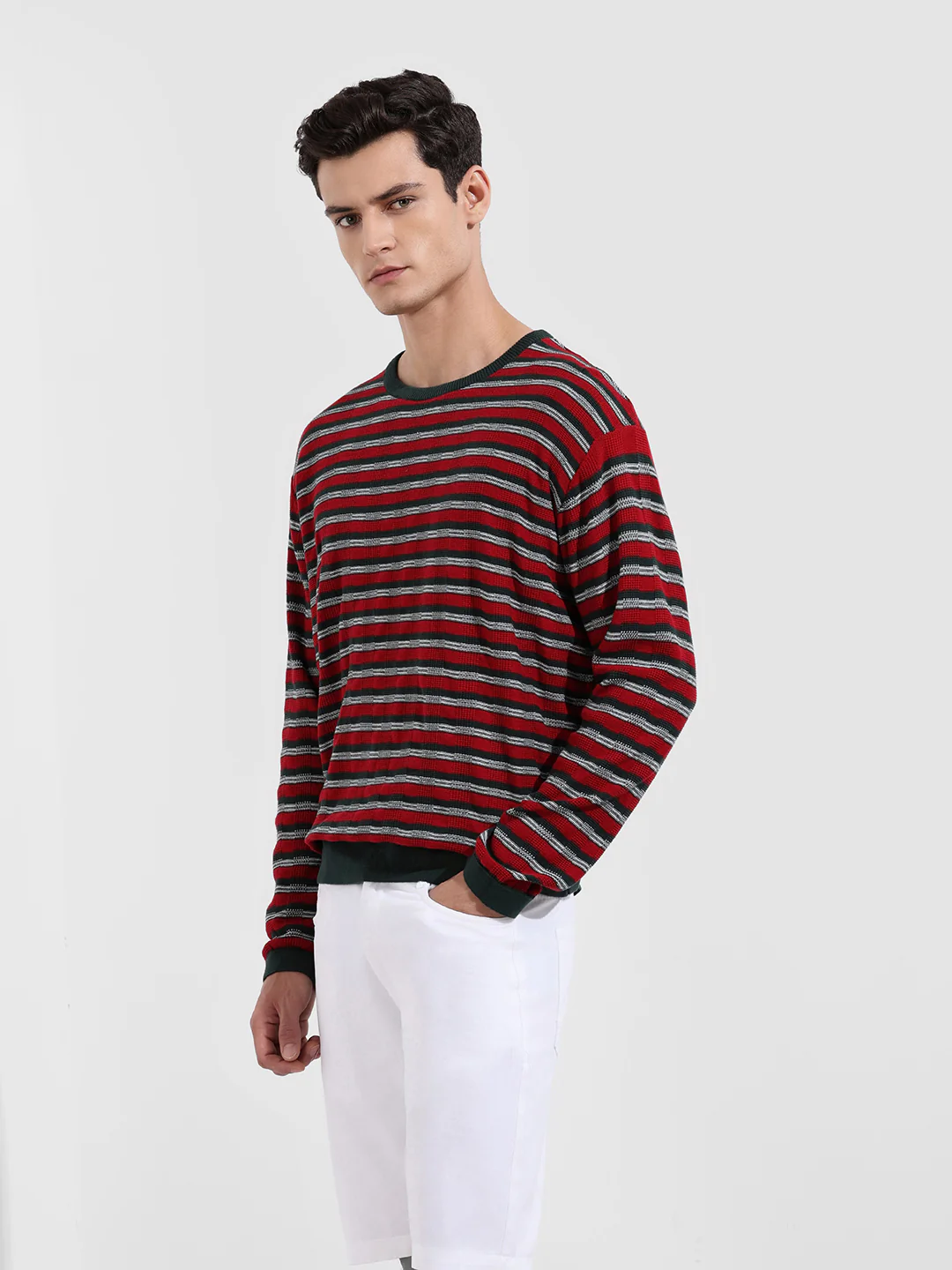 Men's Green Oversized Fit Striped Flat Knit T-Shirt - Image 4
