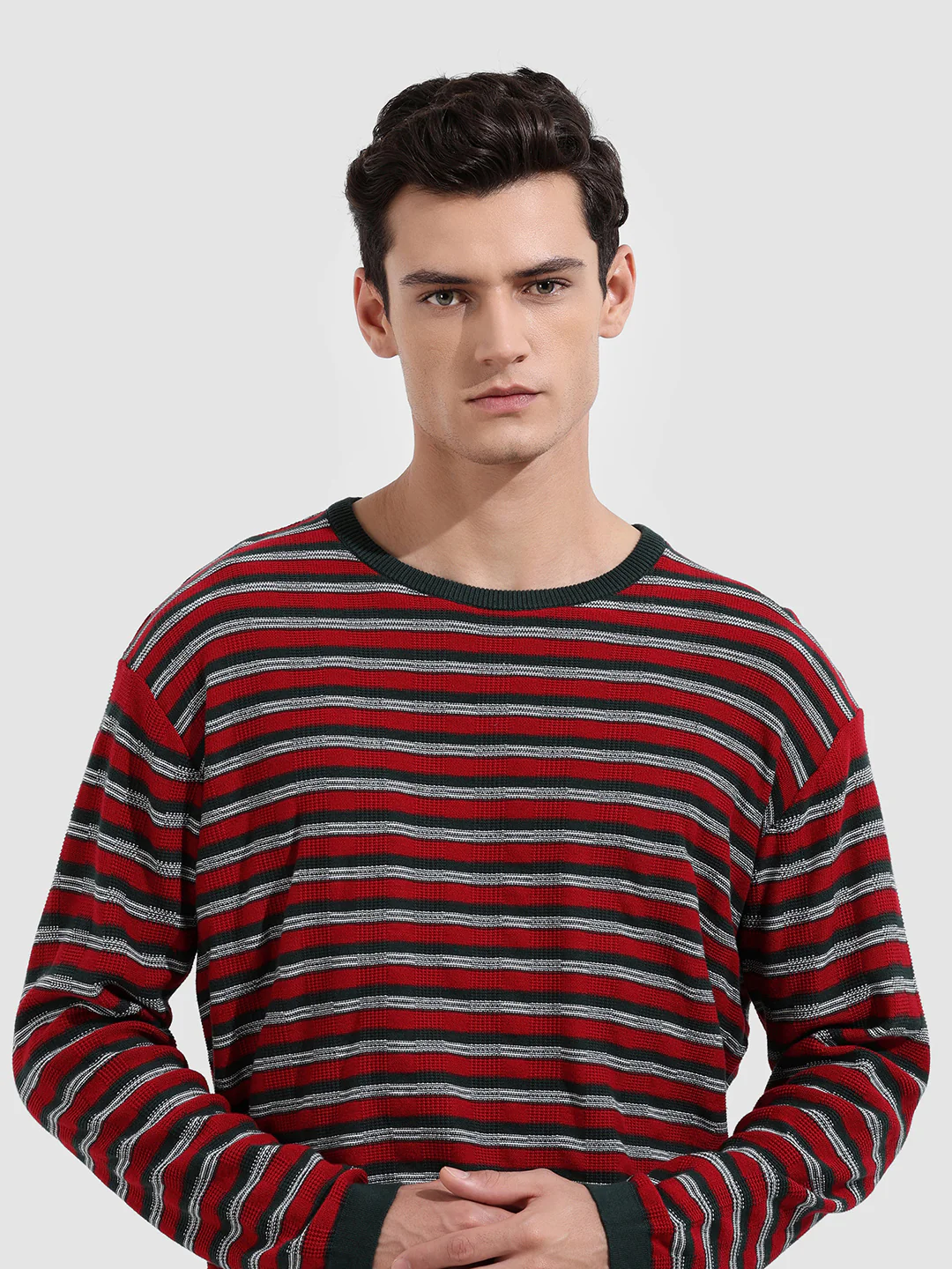 Men's Green Oversized Fit Striped Flat Knit T-Shirt - Image 5
