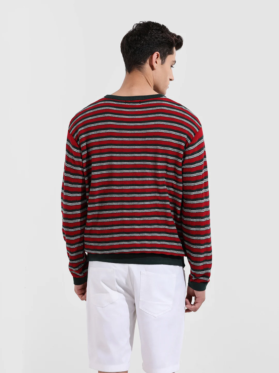 Men's Green Oversized Fit Striped Flat Knit T-Shirt - Image 6