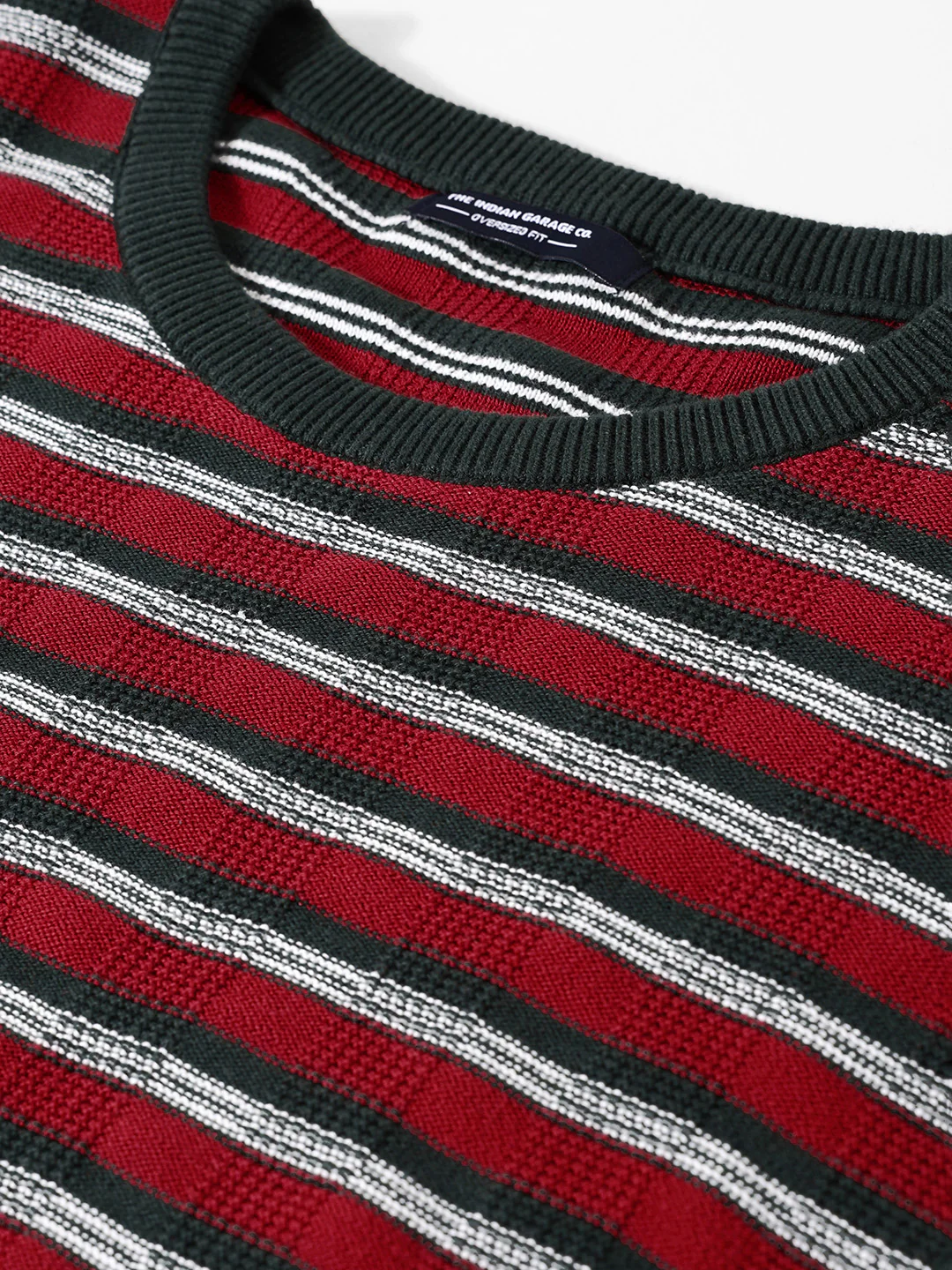 Men's Green Oversized Fit Striped Flat Knit T-Shirt - Image 7