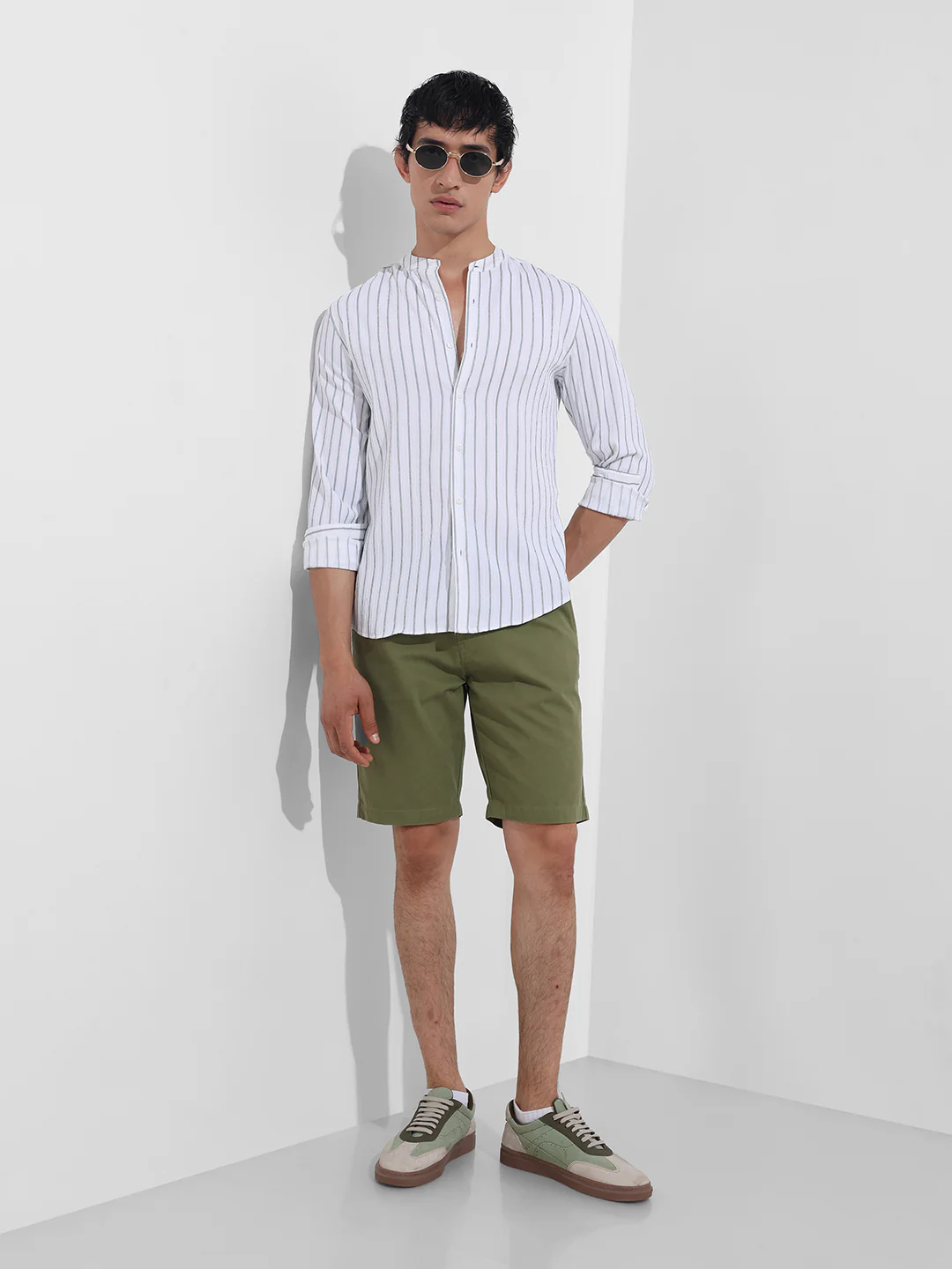 Men's Green Regular Fit Striped Casual Shirt - Image 4