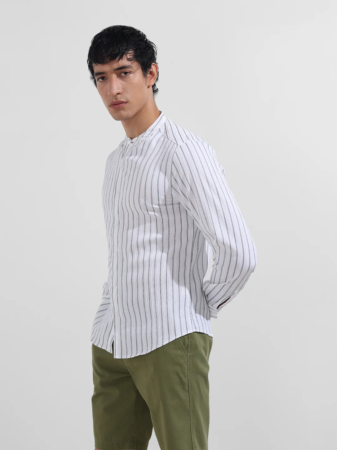 Men's Green Regular Fit Striped Casual Shirt - Image 5