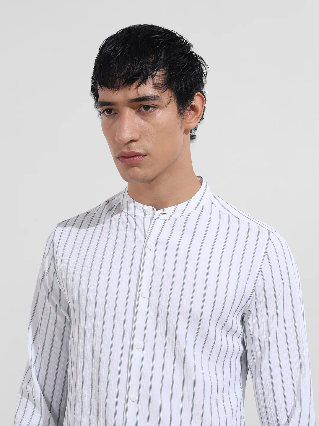 Men's Green Regular Fit Striped Casual Shirt - Image 6