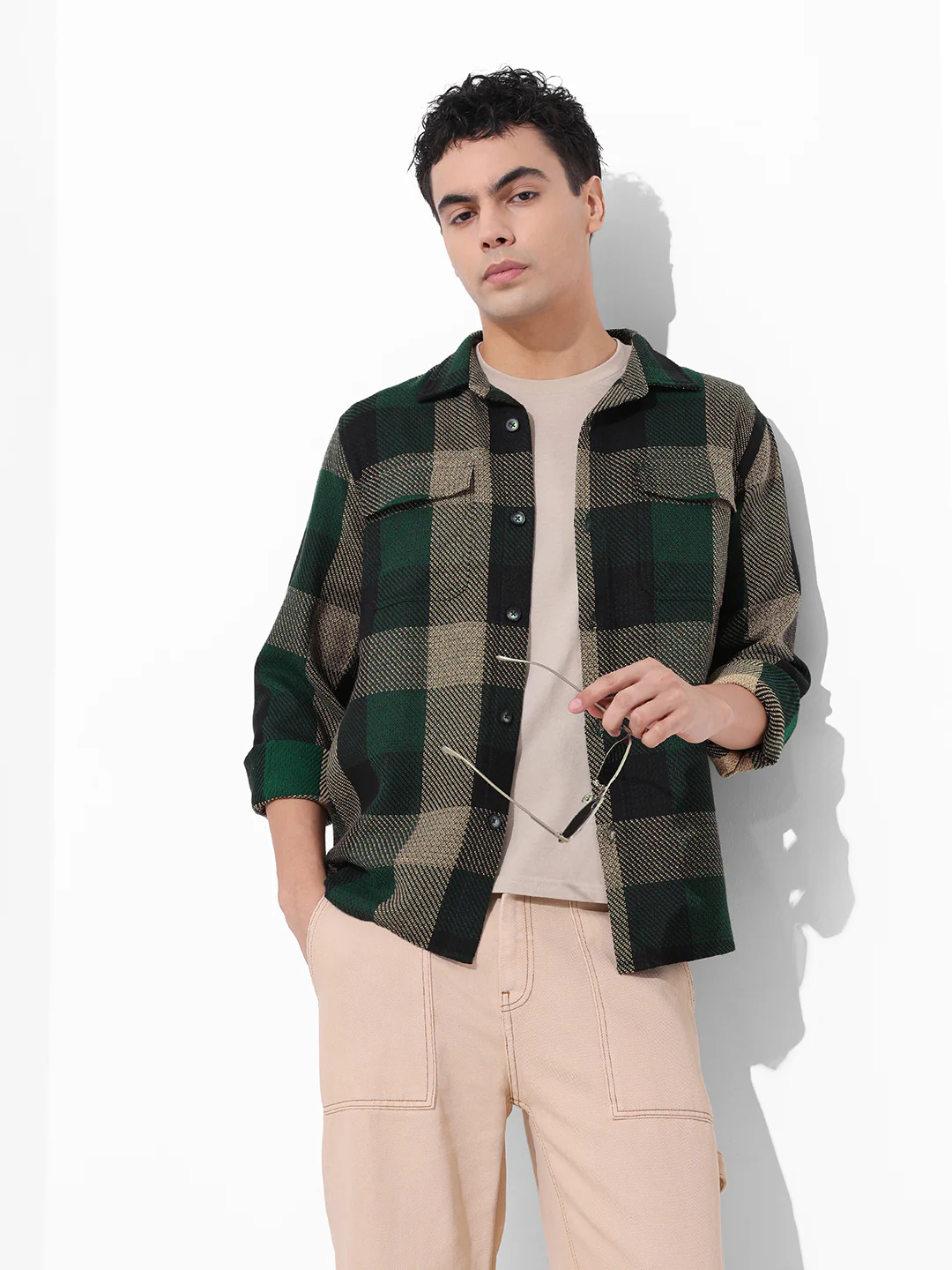 Men's Green Regular Fit Checkered Casual Shirt - Image 2
