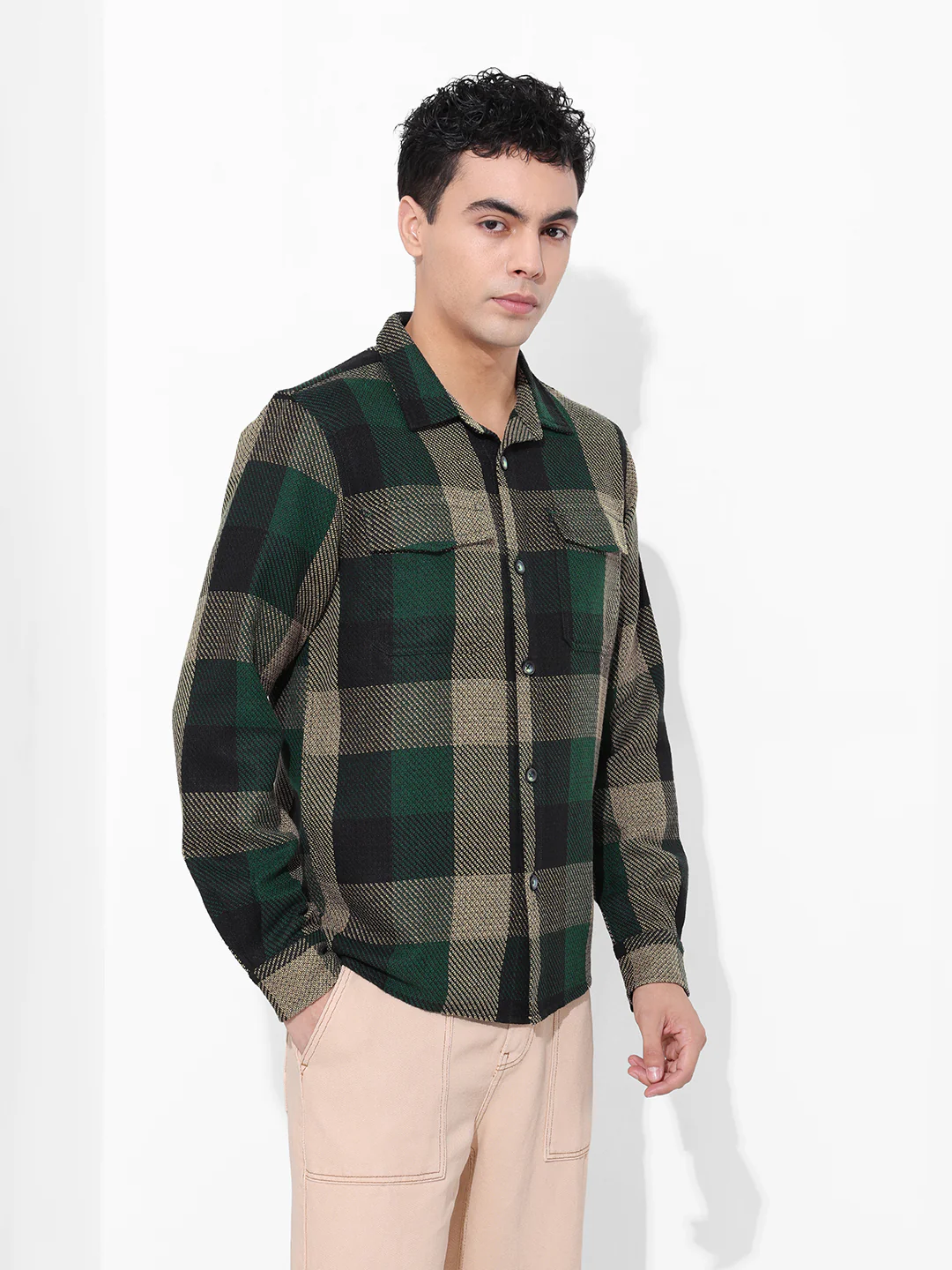 Men's Green Regular Fit Checkered Casual Shirt - Image 4