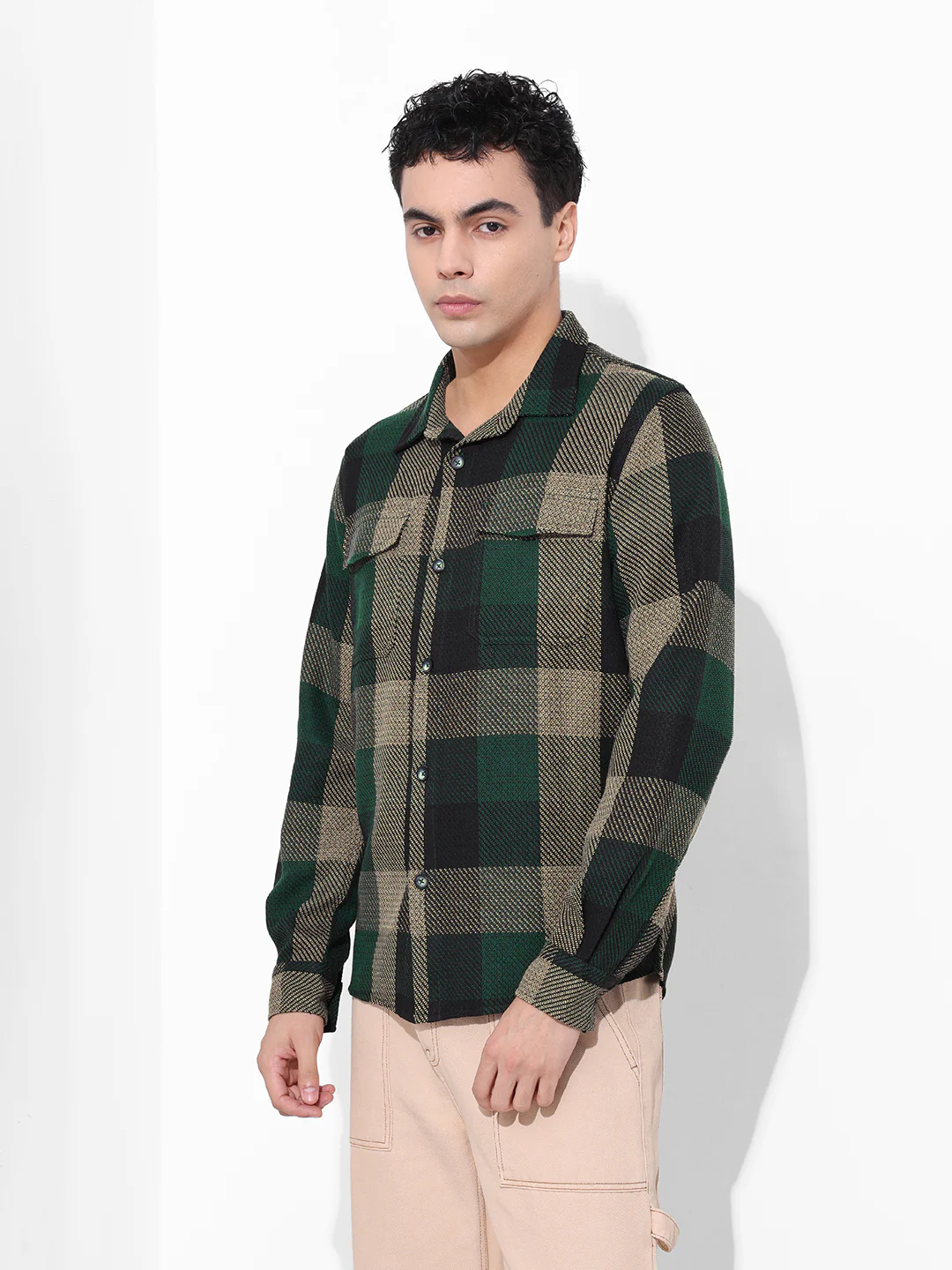 Men's Green Regular Fit Checkered Casual Shirt - Image 5