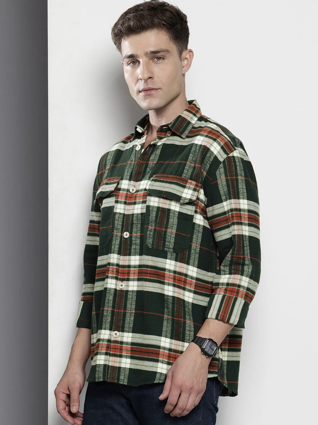 Men's Green Regular Fit Checked Casual Shirt - Image 2