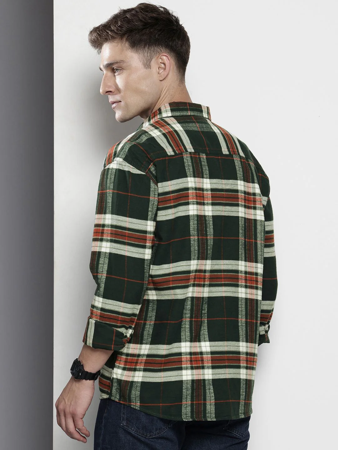 Men's Green Regular Fit Checked Casual Shirt - Image 3