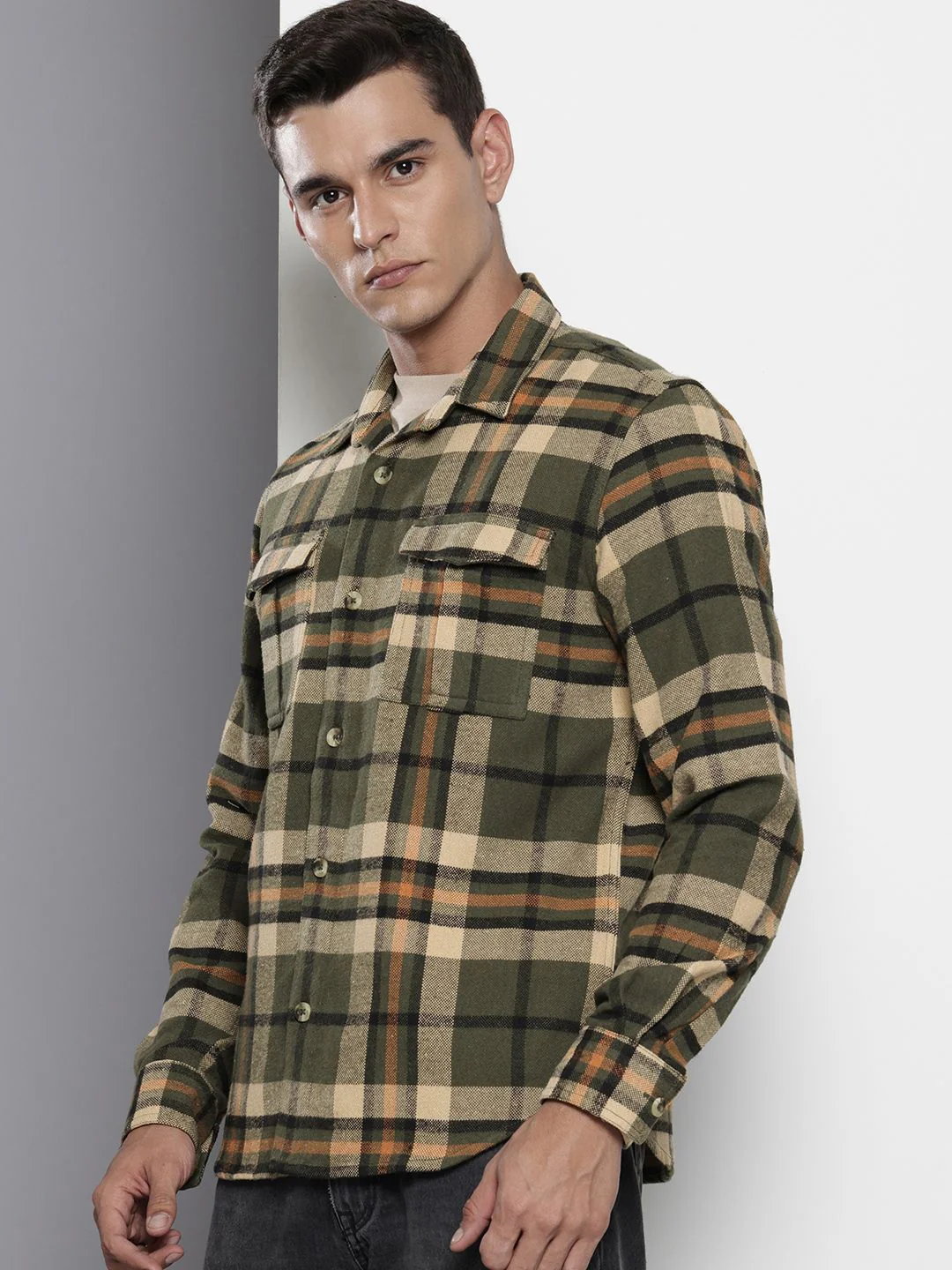 Men's Military Green Regular Fit Checkered Casual Shirt - Image 2