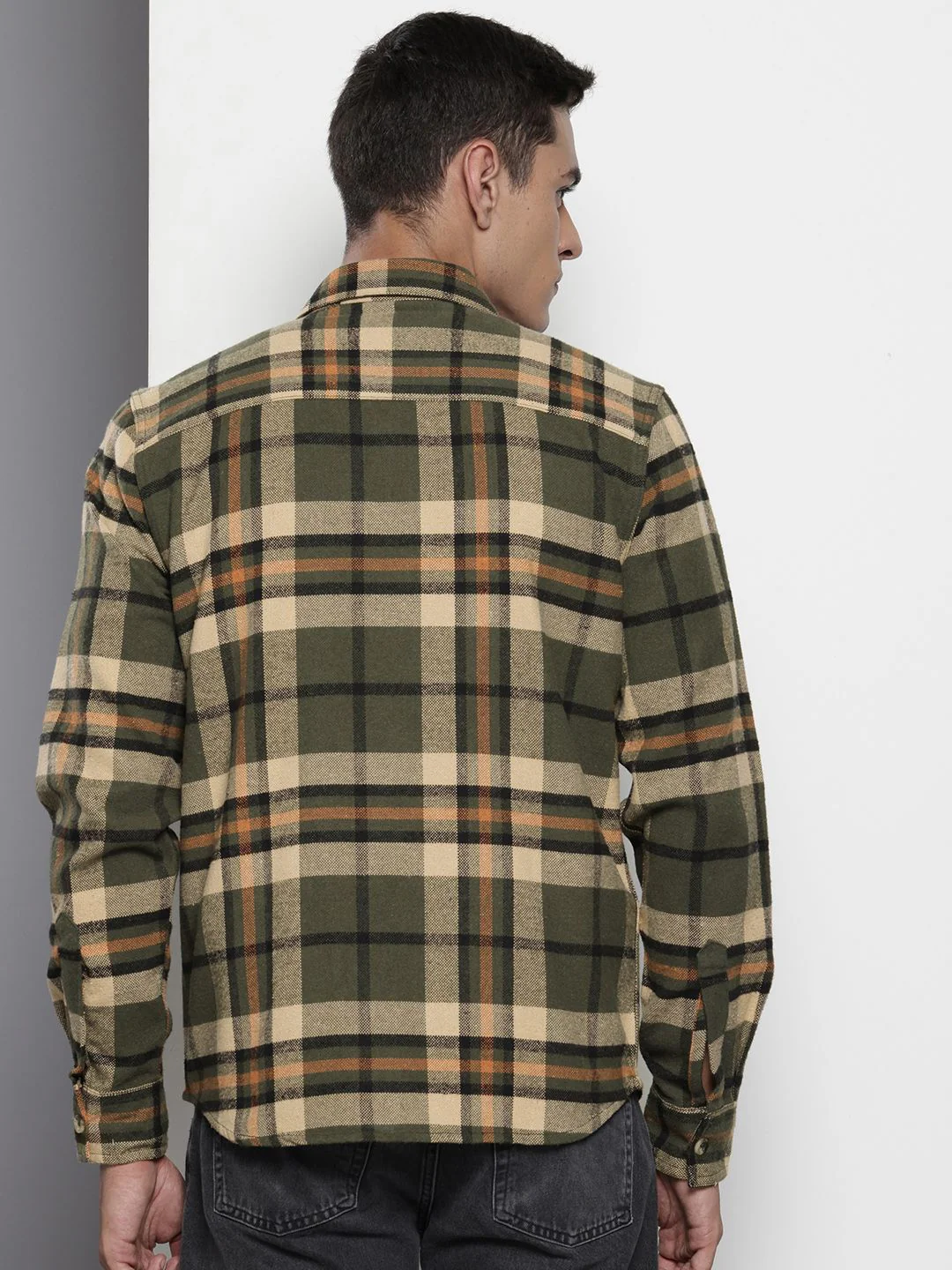 Men's Military Green Regular Fit Checkered Casual Shirt - Image 4