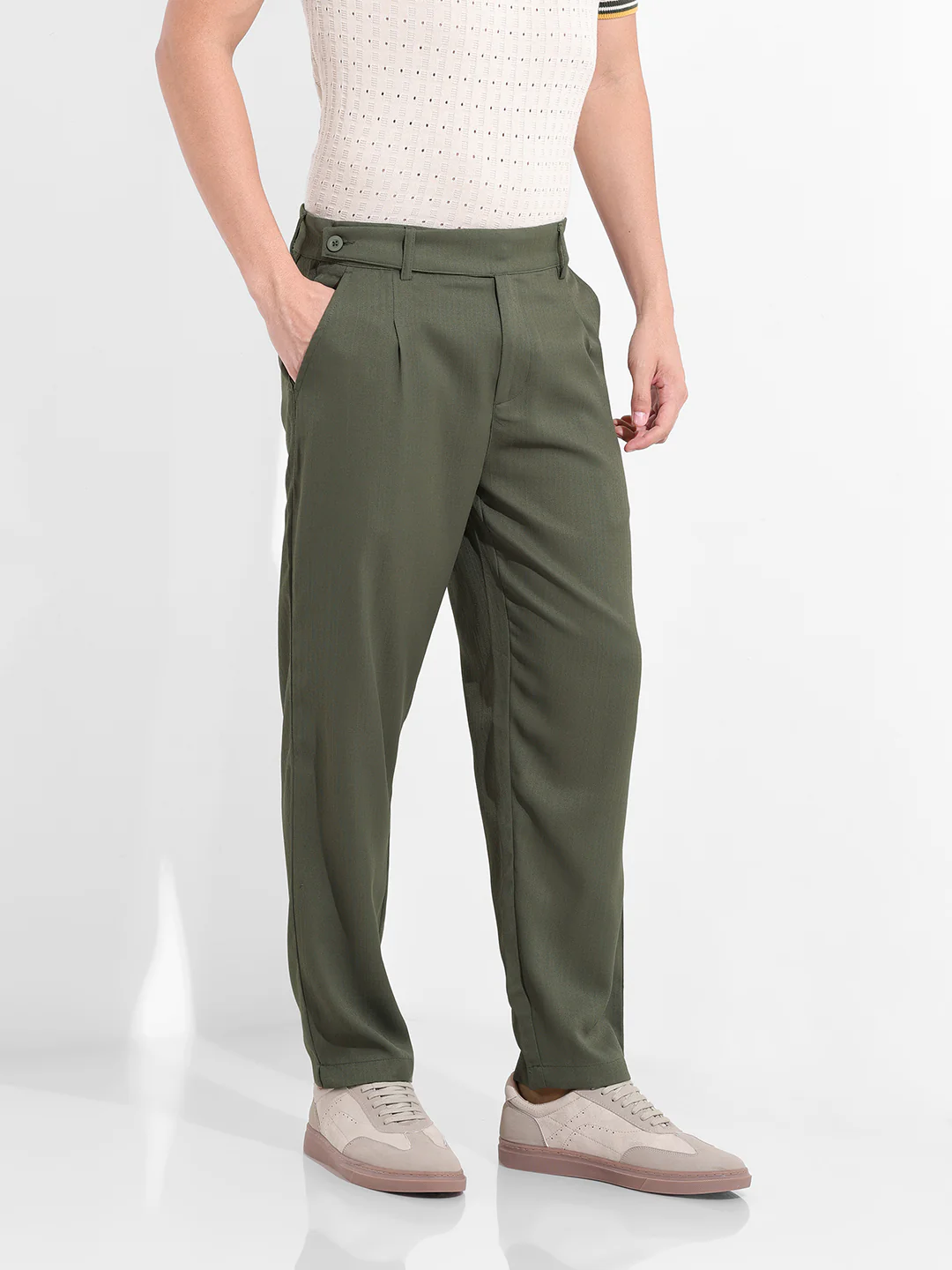 Men's Earthy Green Regular Fit Solid Casual Trouser - Image 3