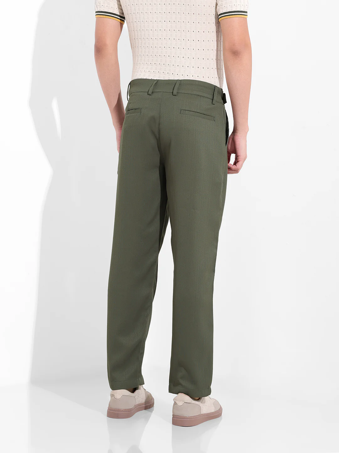 Men's Earthy Green Regular Fit Solid Casual Trouser - Image 4