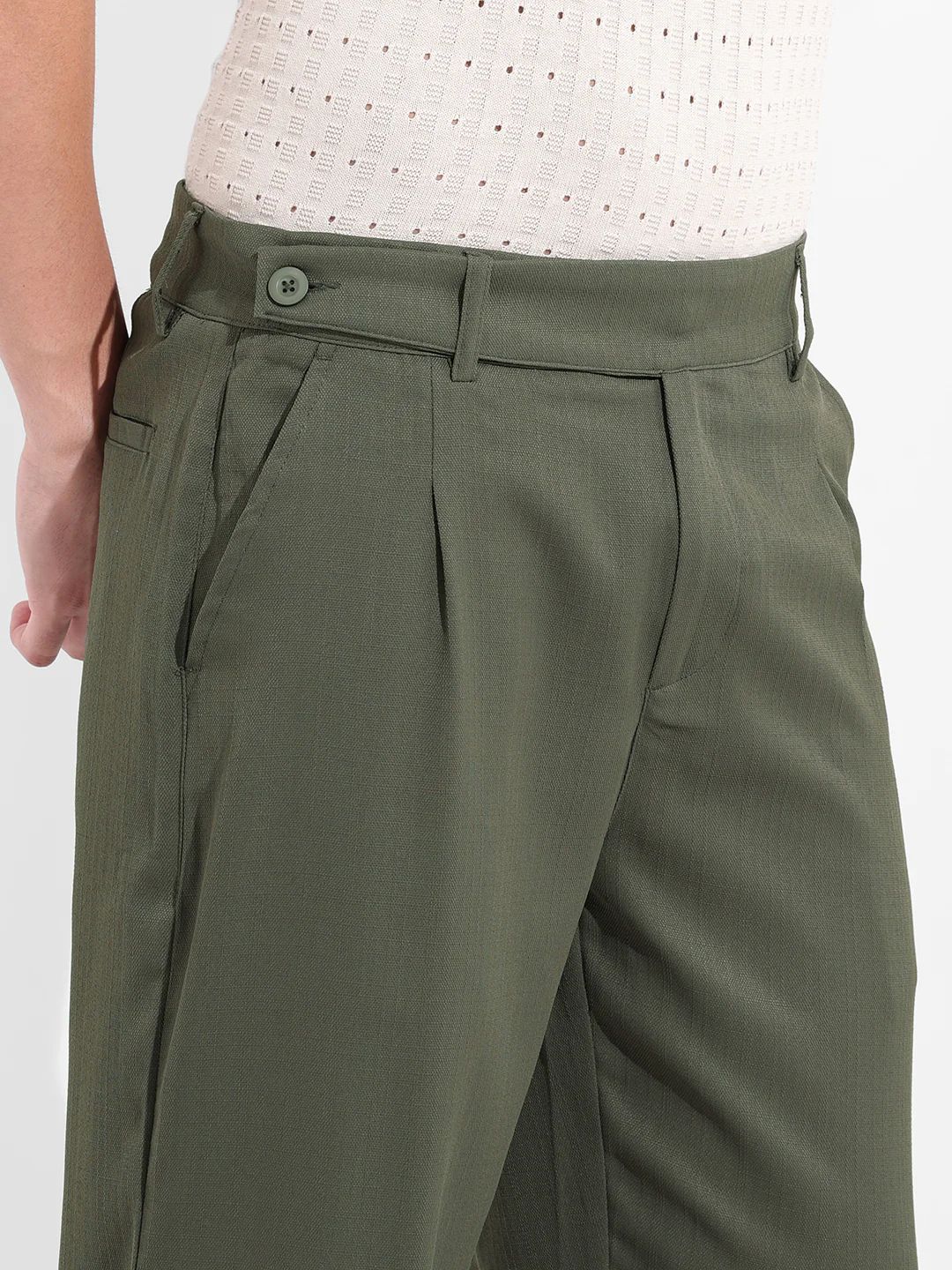 Men's Earthy Green Regular Fit Solid Casual Trouser - Image 5