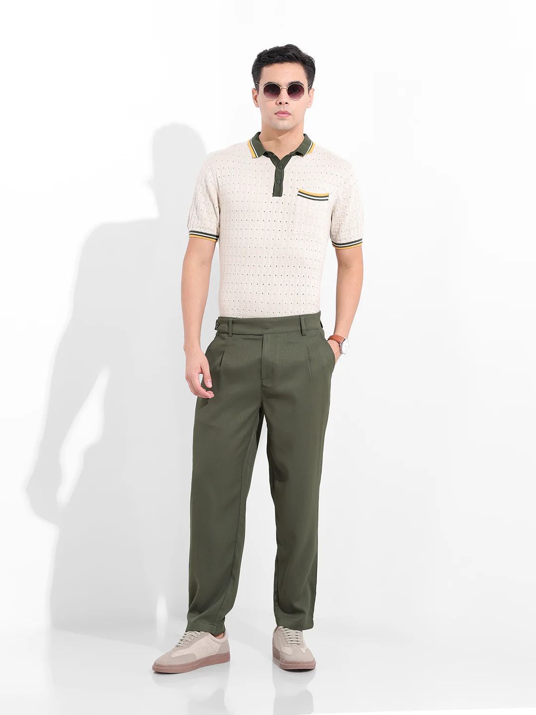 Men's Earthy Green Regular Fit Solid Casual Trouser - Image 6