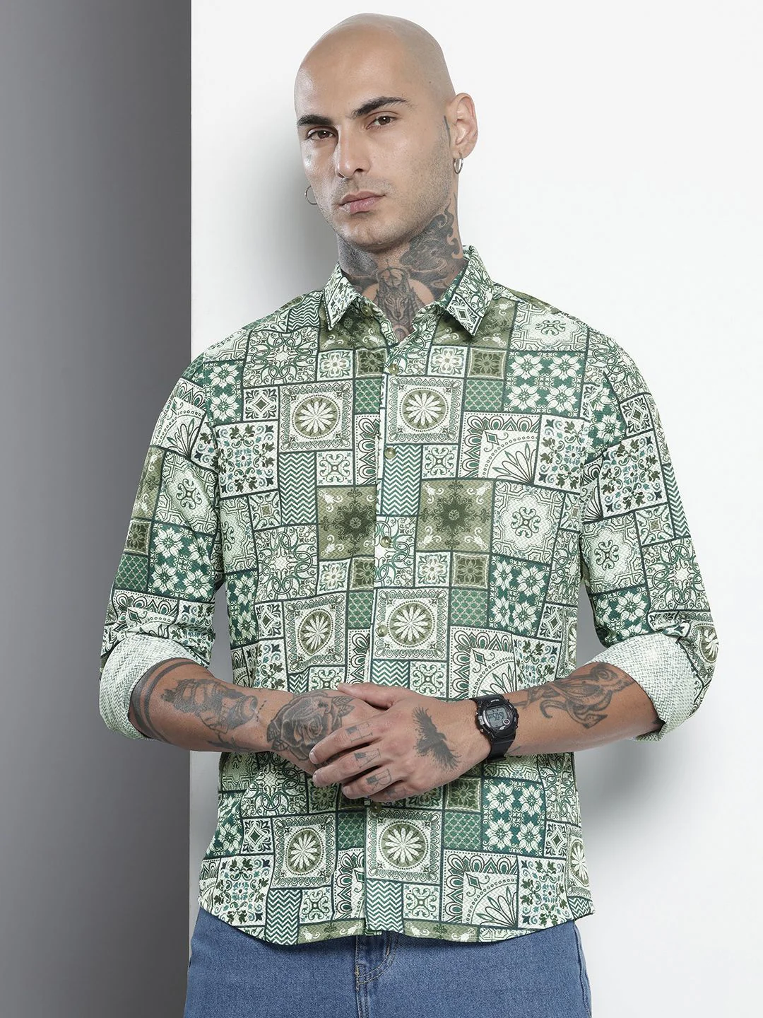 Men's Teal Green Regular Fit Textured Casual Shirt - Image 2