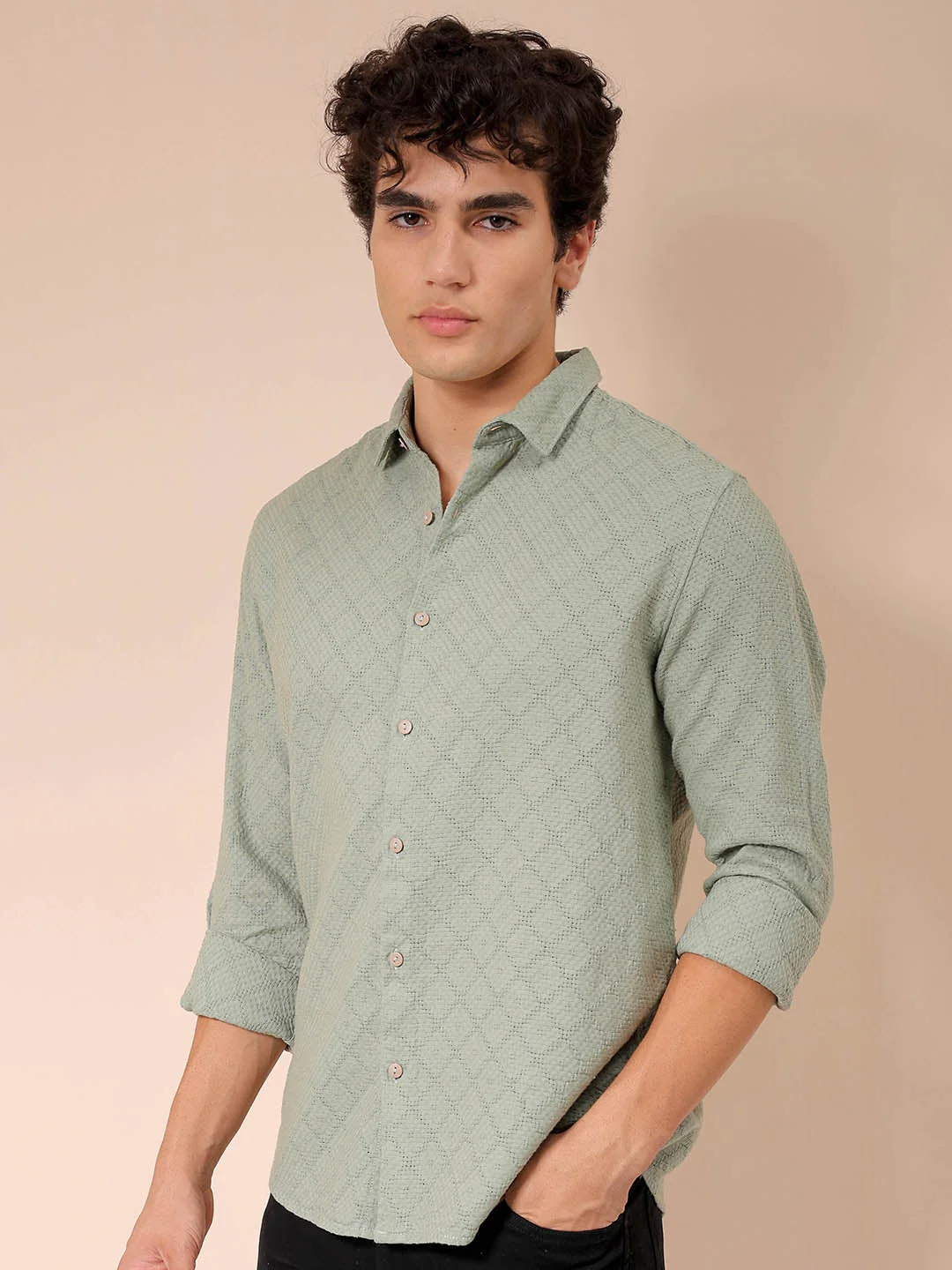 Men's Green Regular Fit Solid Casual Shirt - Image 3