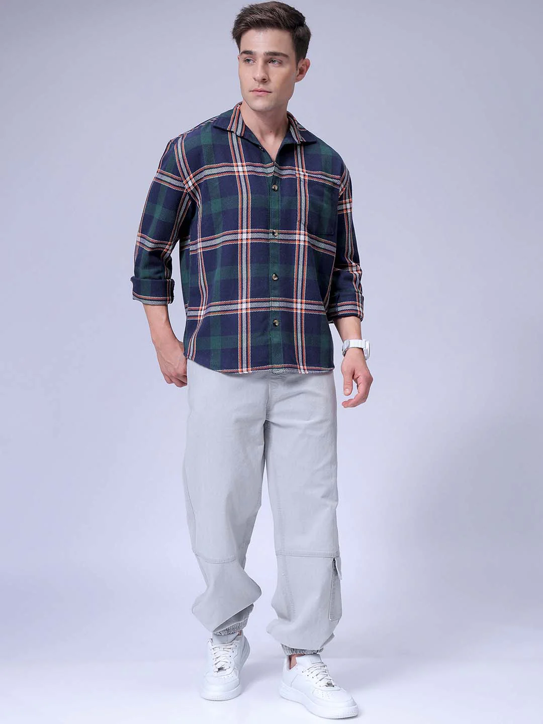 Men's Green Relaxed Fit Checkered Textured Shirt - Image 4