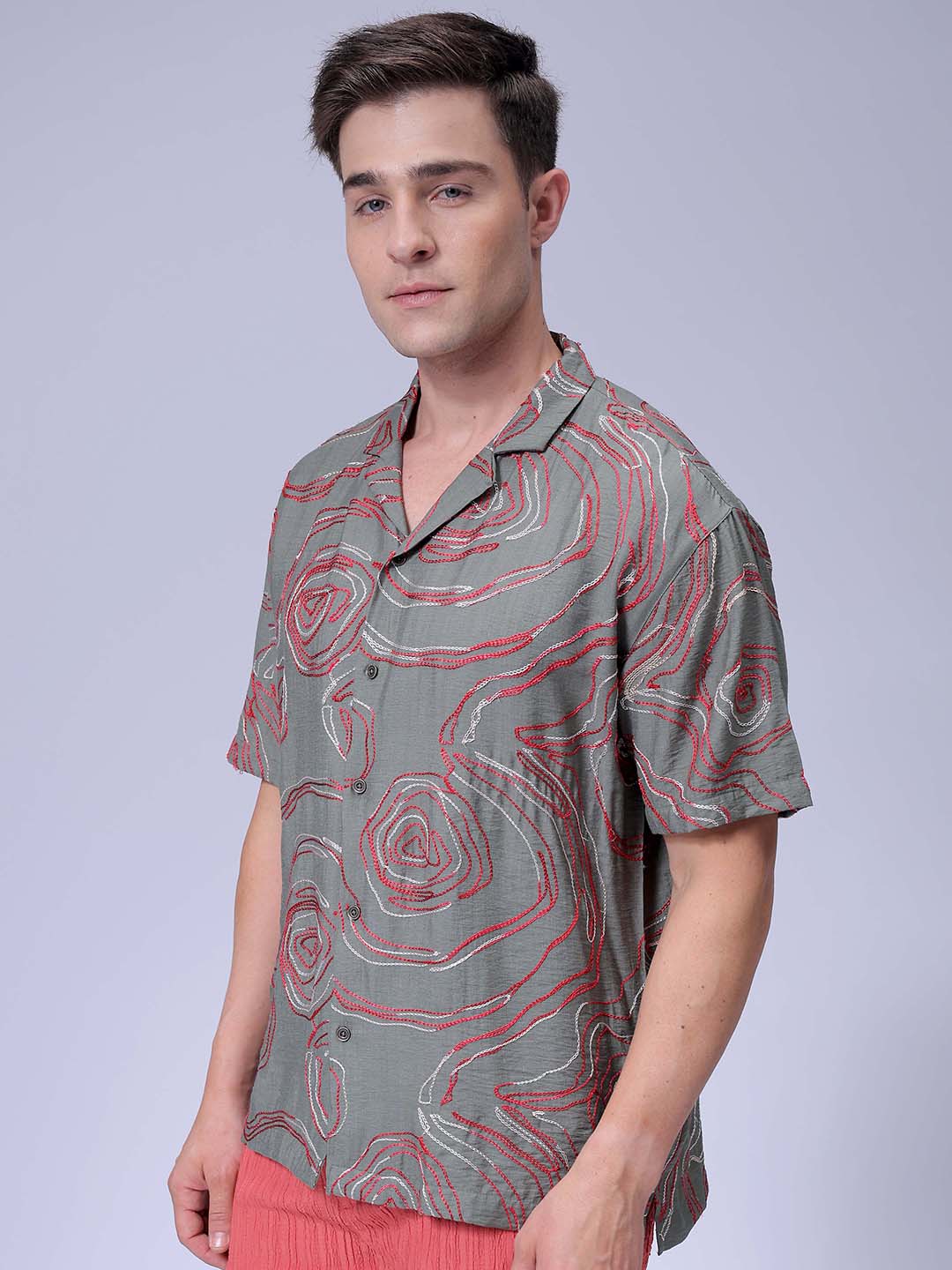 Men's Green Relaxed Fit Embroided Embroidered Shirt - Image 2