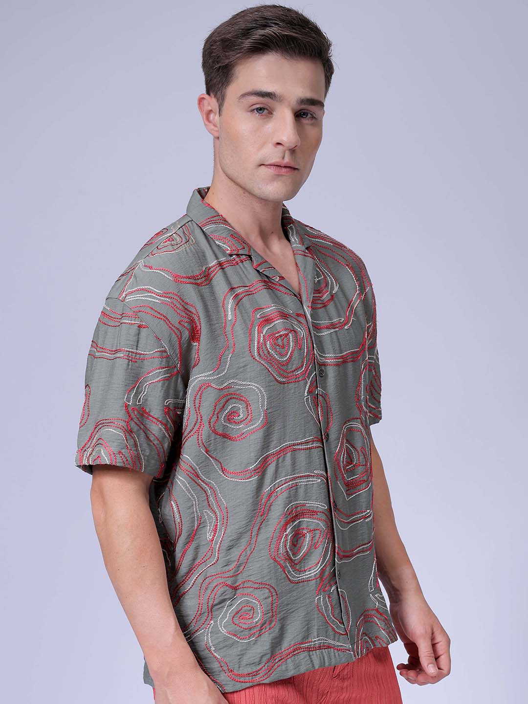 Men's Green Relaxed Fit Embroided Embroidered Shirt - Image 3