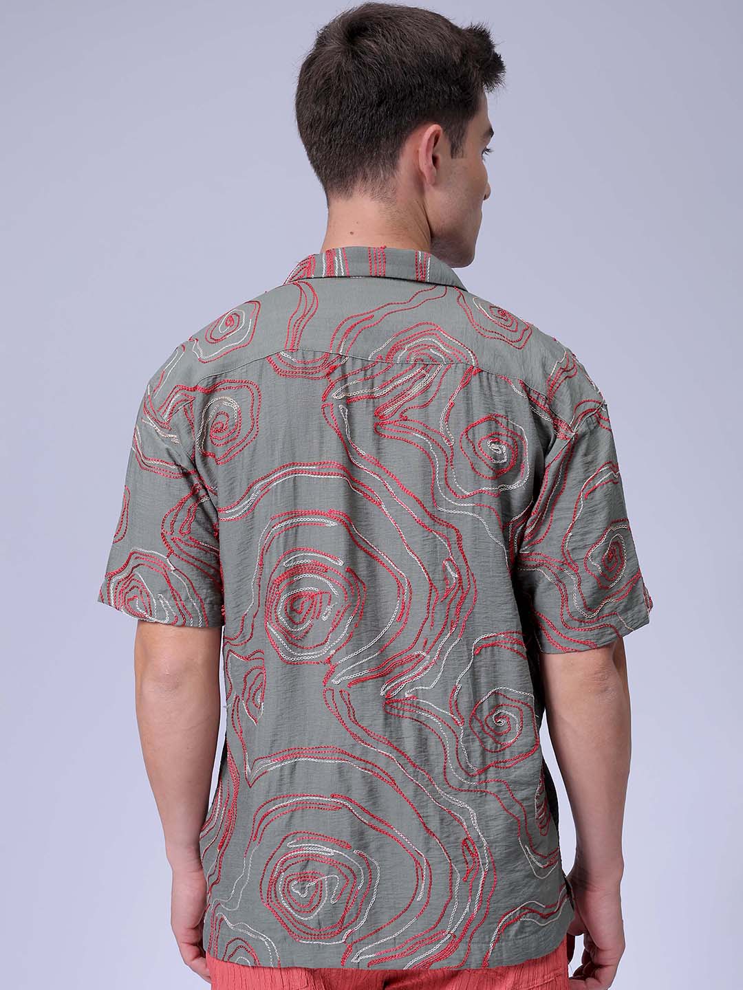 Men's Green Relaxed Fit Embroided Embroidered Shirt - Image 5