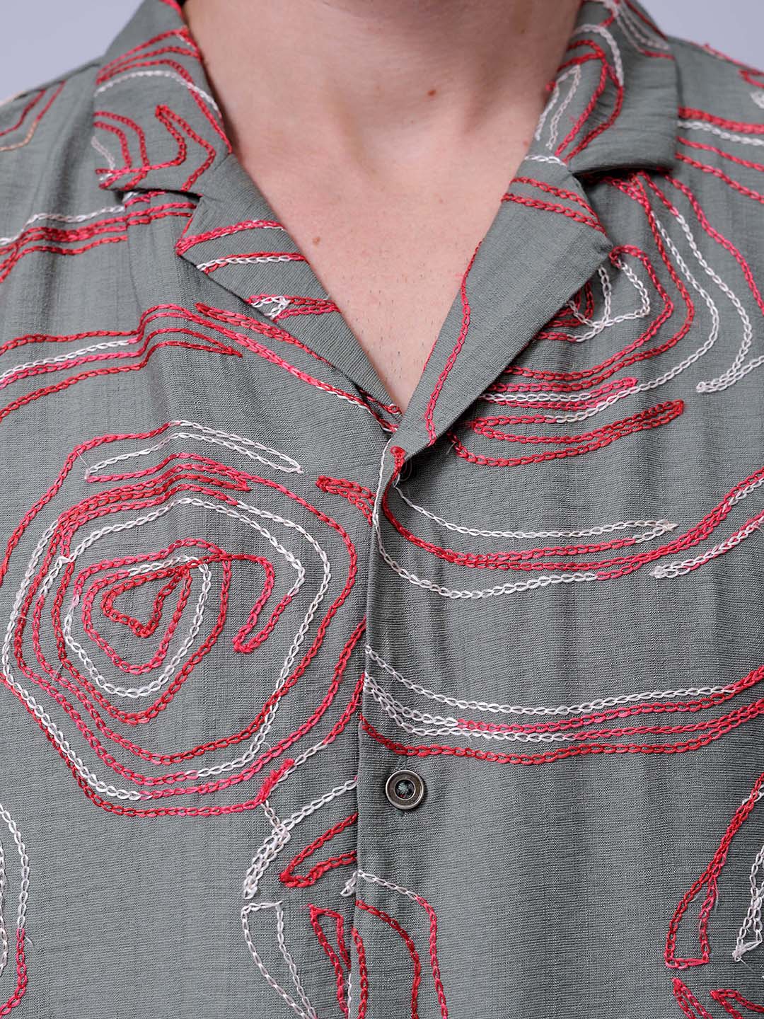 Men's Green Relaxed Fit Embroided Embroidered Shirt - Image 6
