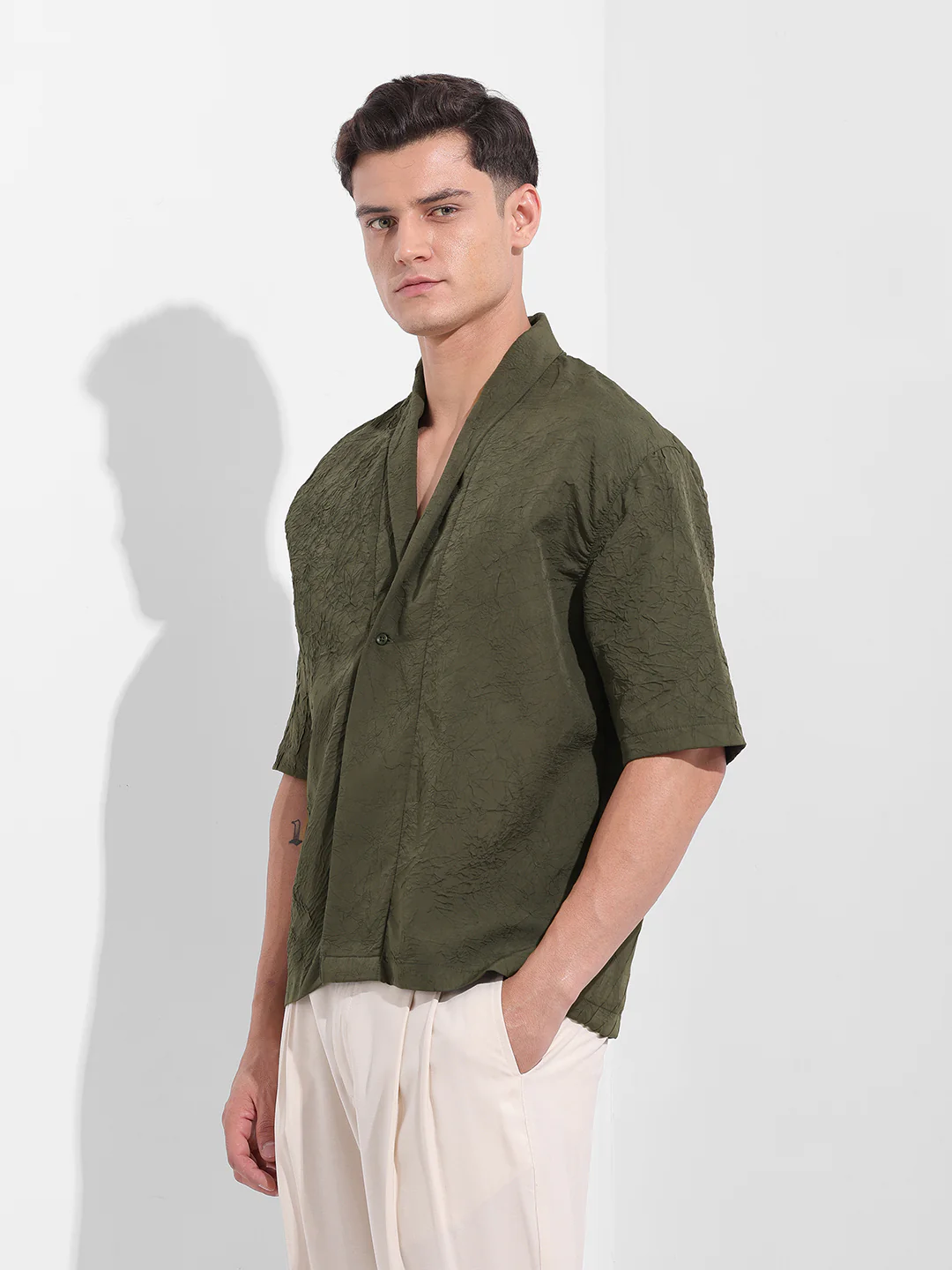 Men's Olive Relaxed Fit Textured Party Wear Shirt - Image 2