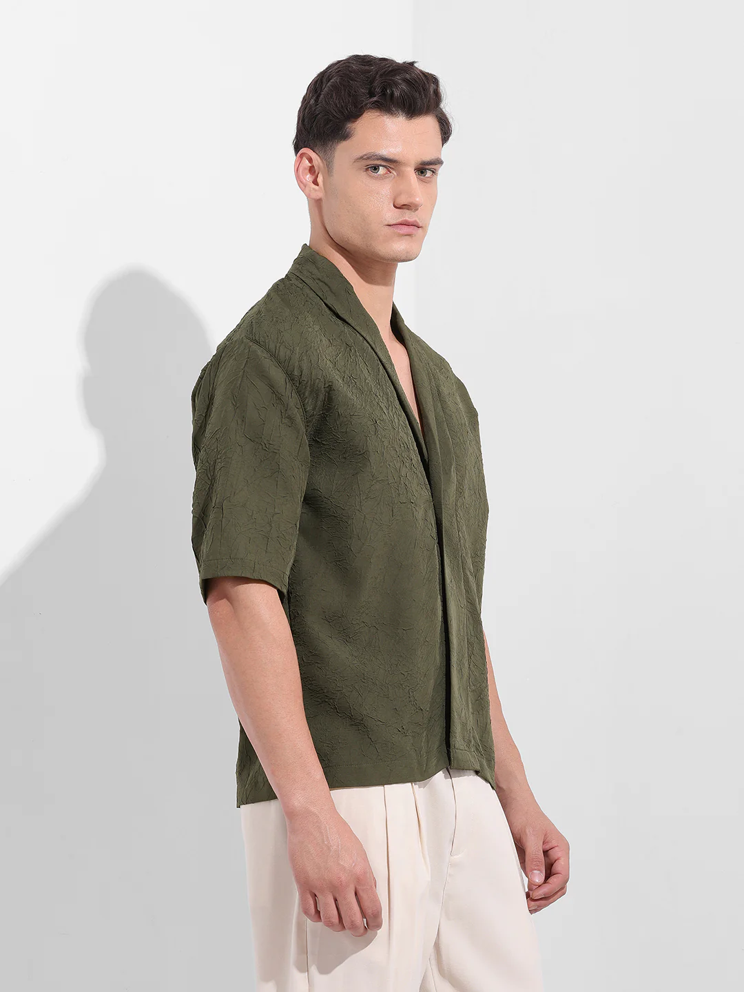 Men's Olive Relaxed Fit Textured Party Wear Shirt - Image 3
