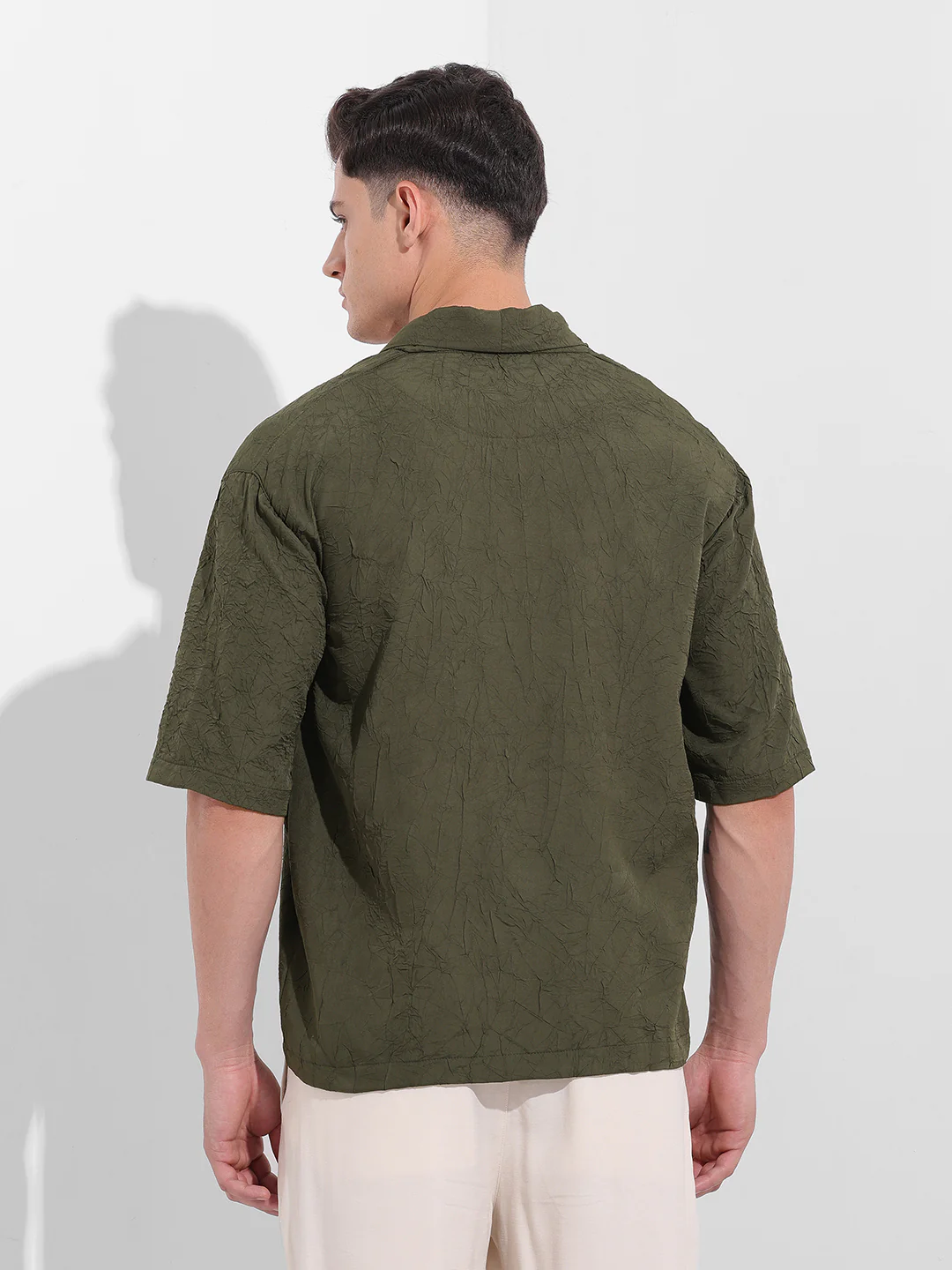 Men's Olive Relaxed Fit Textured Party Wear Shirt - Image 4