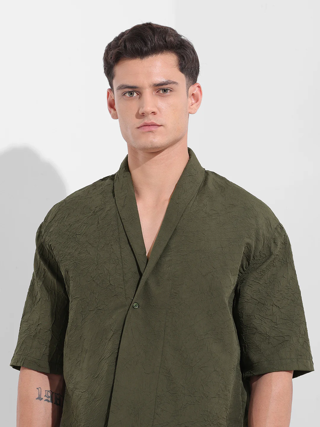 Men's Olive Relaxed Fit Textured Party Wear Shirt - Image 5