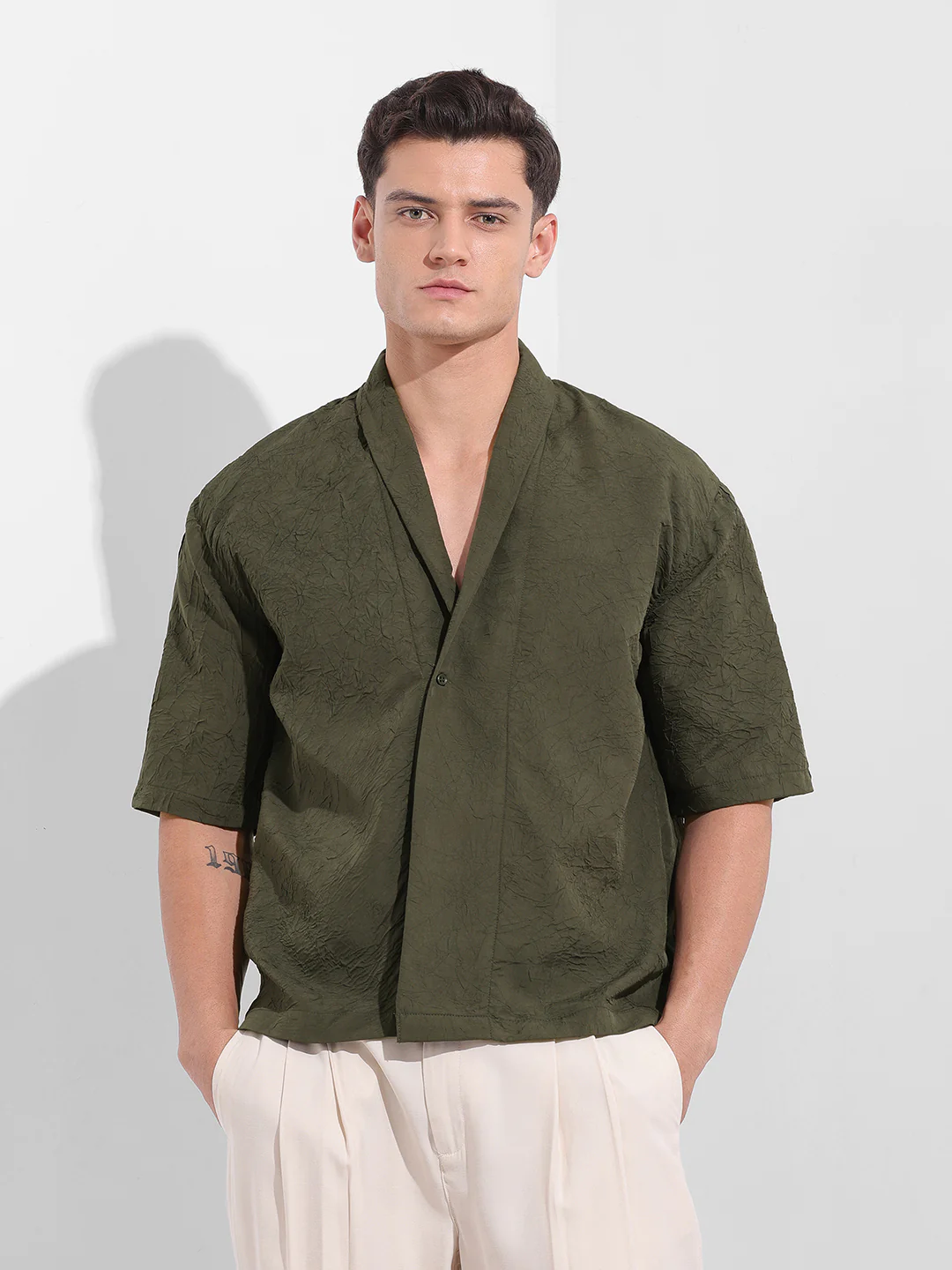 Men's Olive Relaxed Fit Textured Party Wear Shirt - Image 7