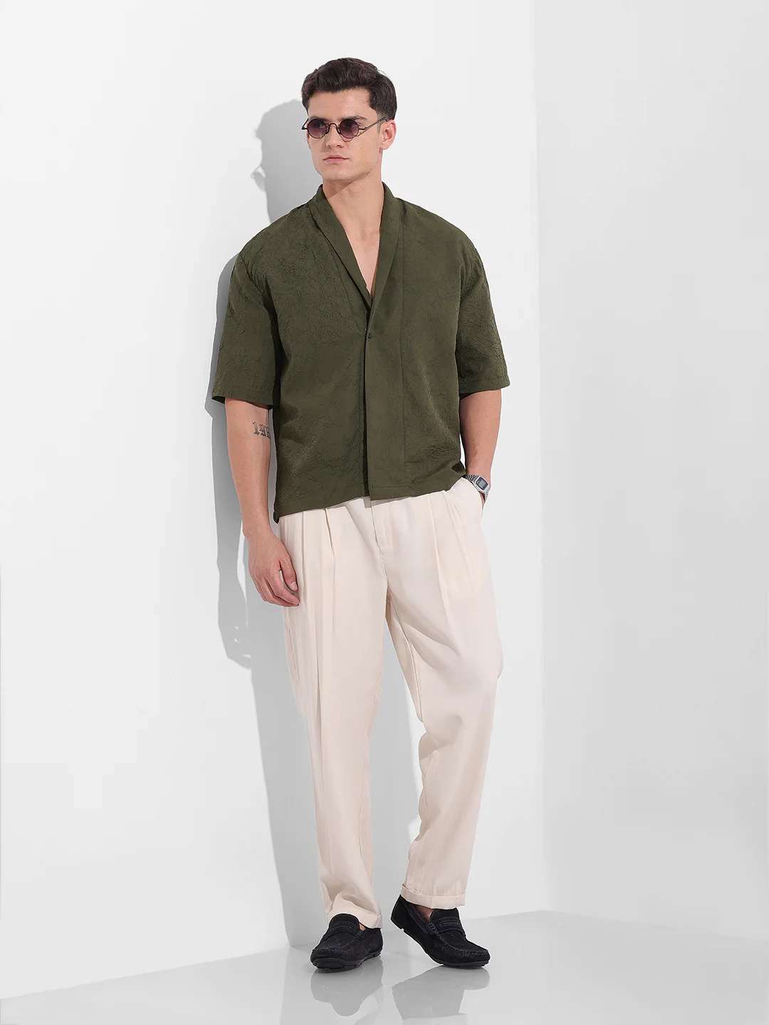 Men's Olive Relaxed Fit Textured Party Wear Shirt - Image 8