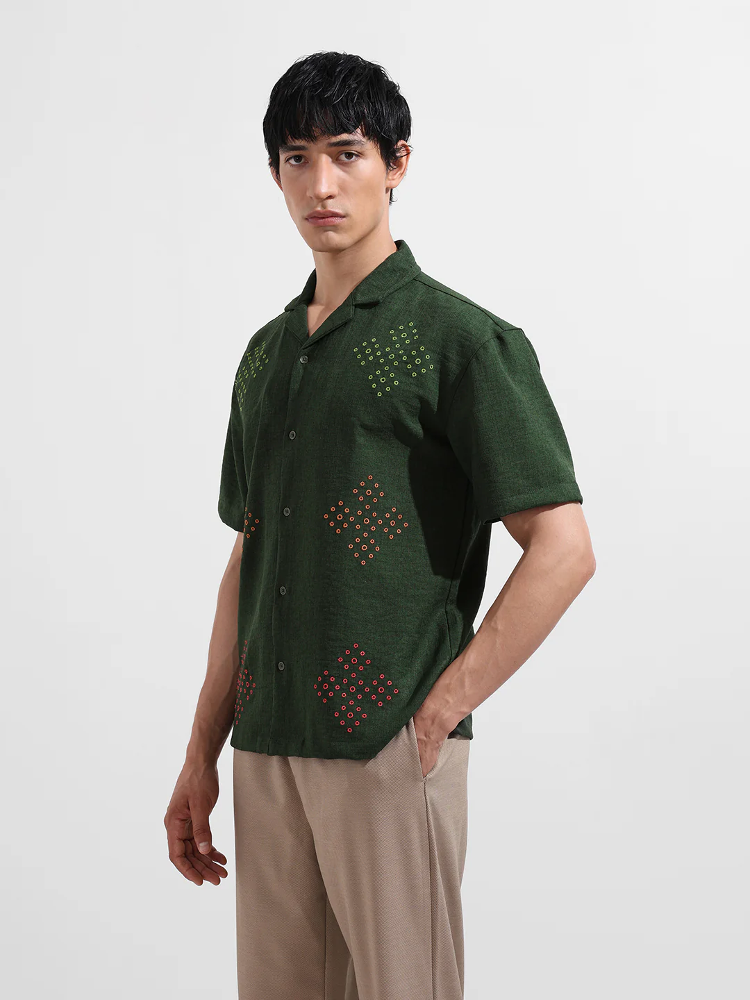 Men's Green Relaxed Fit Printed Resort Shirt - Image 3