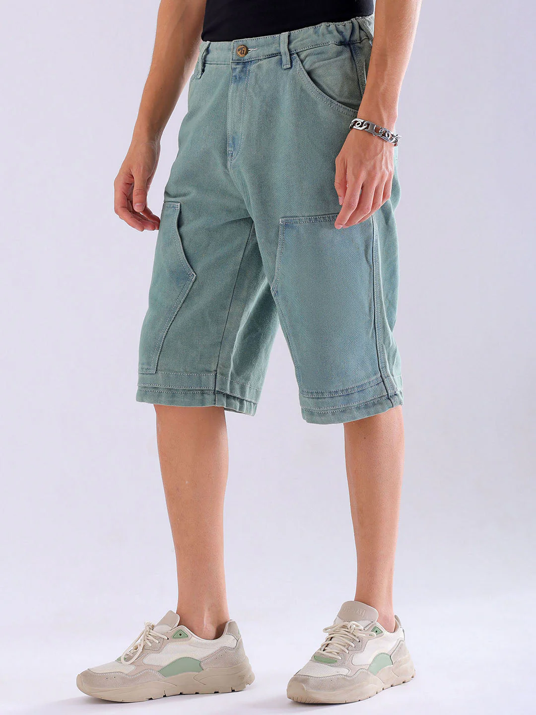 Men's Light Green Relaxed Fit Solid Utility Denim Shorts - Image 4