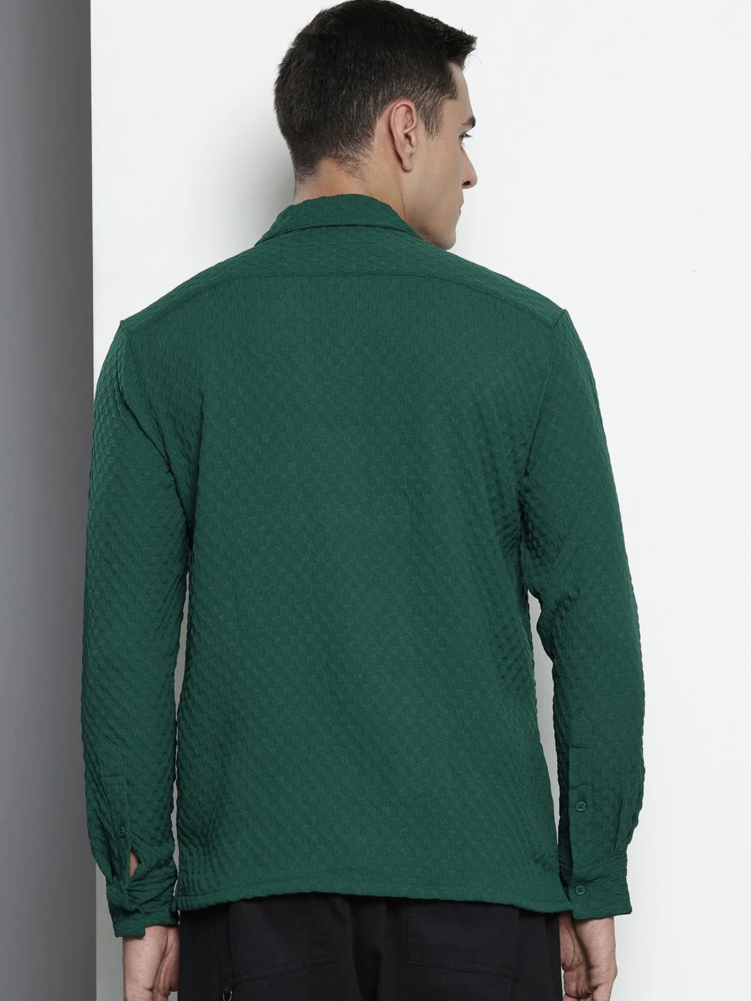 Men's Dark Green Relaxed Fit Solid Textured Shirt - Image 4