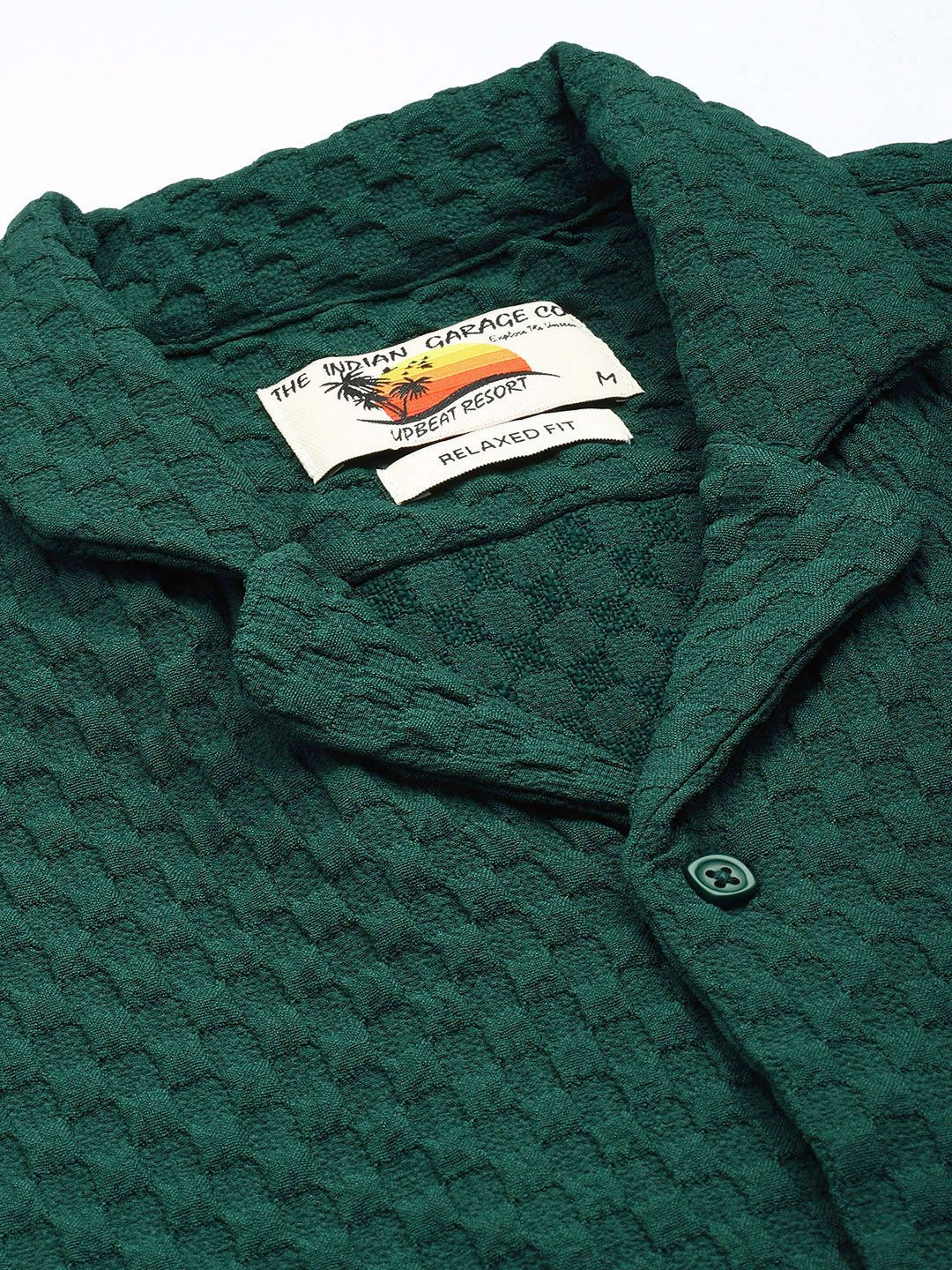 Men's Dark Green Relaxed Fit Solid Textured Shirt - Image 5