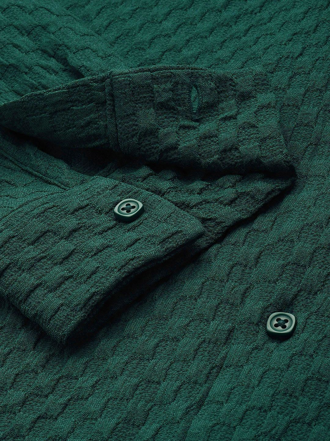Men's Dark Green Relaxed Fit Solid Textured Shirt - Image 6