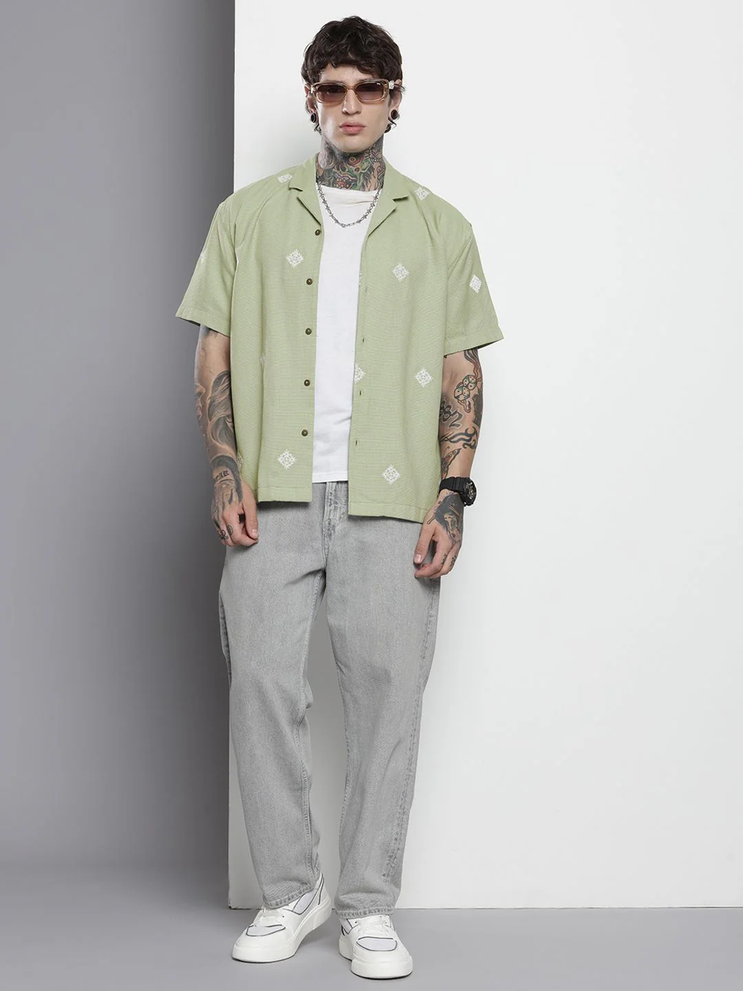 Men's Sage Green Relaxed Fit  Embroidered Shirt - Image 2