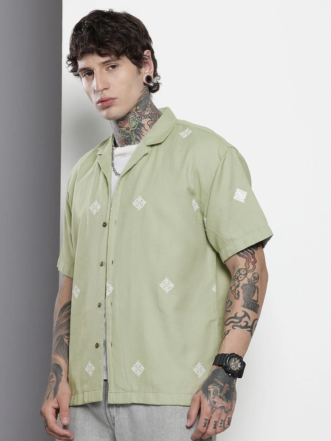 Men's Sage Green Relaxed Fit  Embroidered Shirt - Image 3