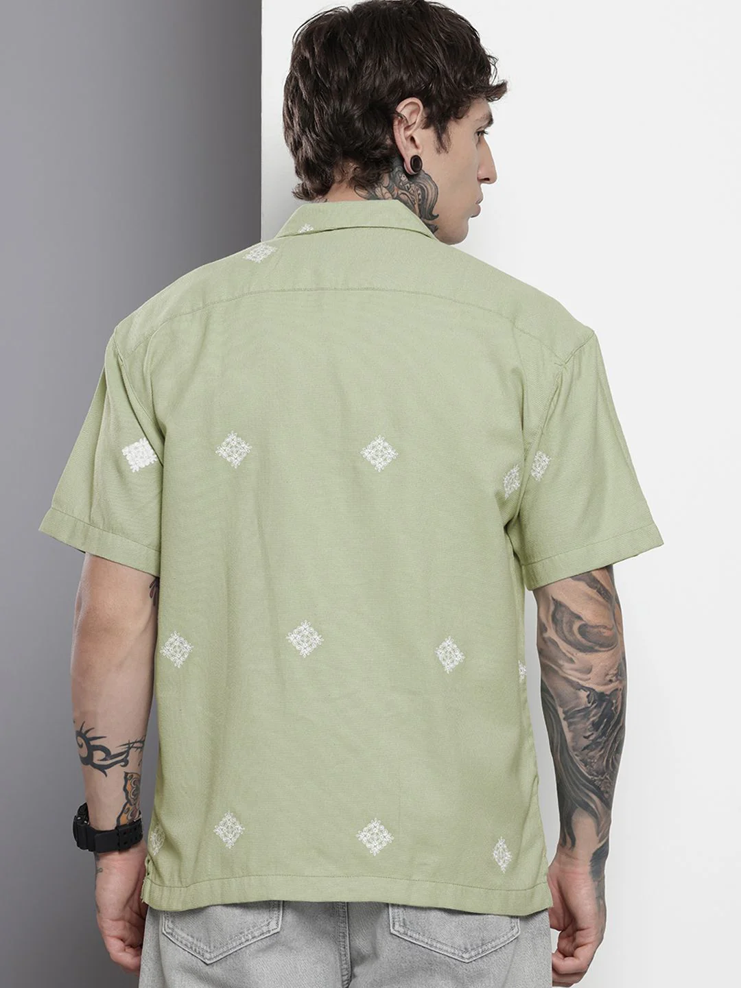 Men's Sage Green Relaxed Fit  Embroidered Shirt - Image 4
