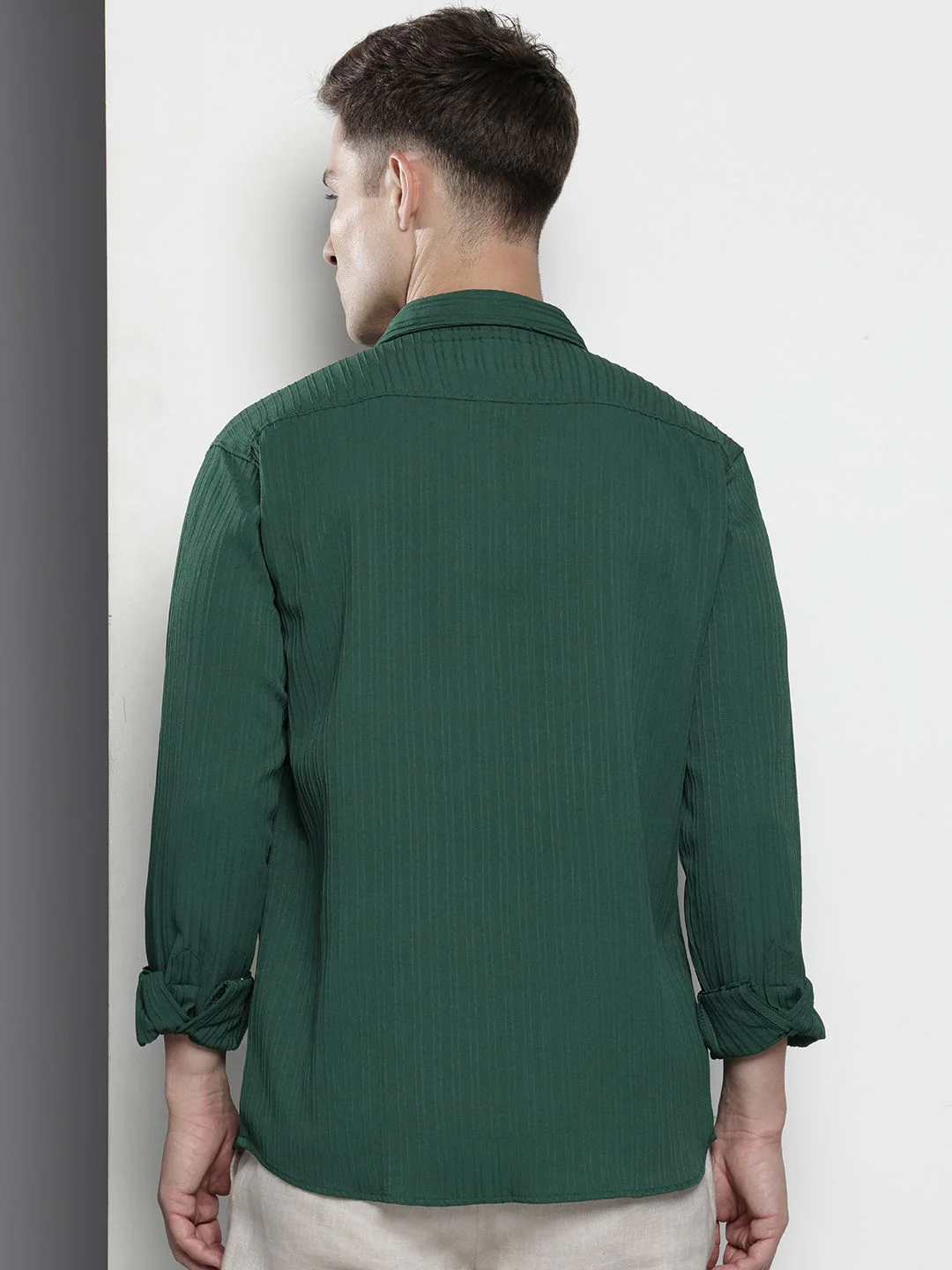 Men's Dark Green Relaxed Fit Solid Textured Shirt - Image 4