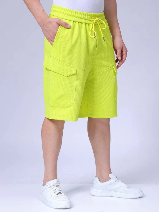 Men's Cyber Lime Relaxed Fit Textured Utility Shorts - Image 2