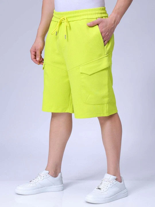 Men's Cyber Lime Relaxed Fit Textured Utility Shorts - Image 4