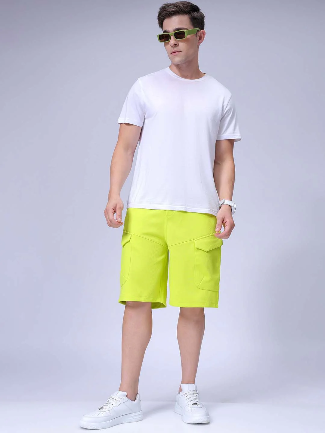 Men's Cyber Lime Relaxed Fit Textured Utility Shorts - Image 5